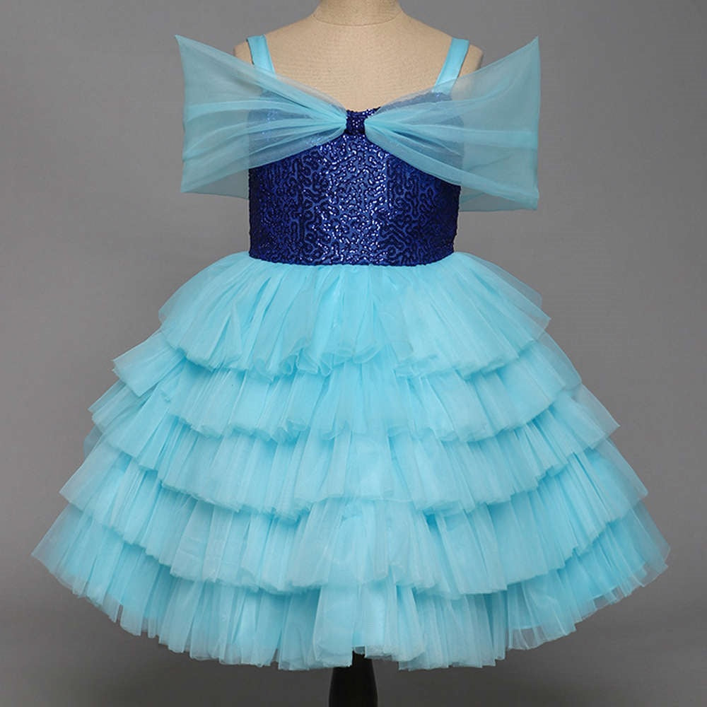 Off Shoulder Shimmer Tiered Party Dress For Girls Blue