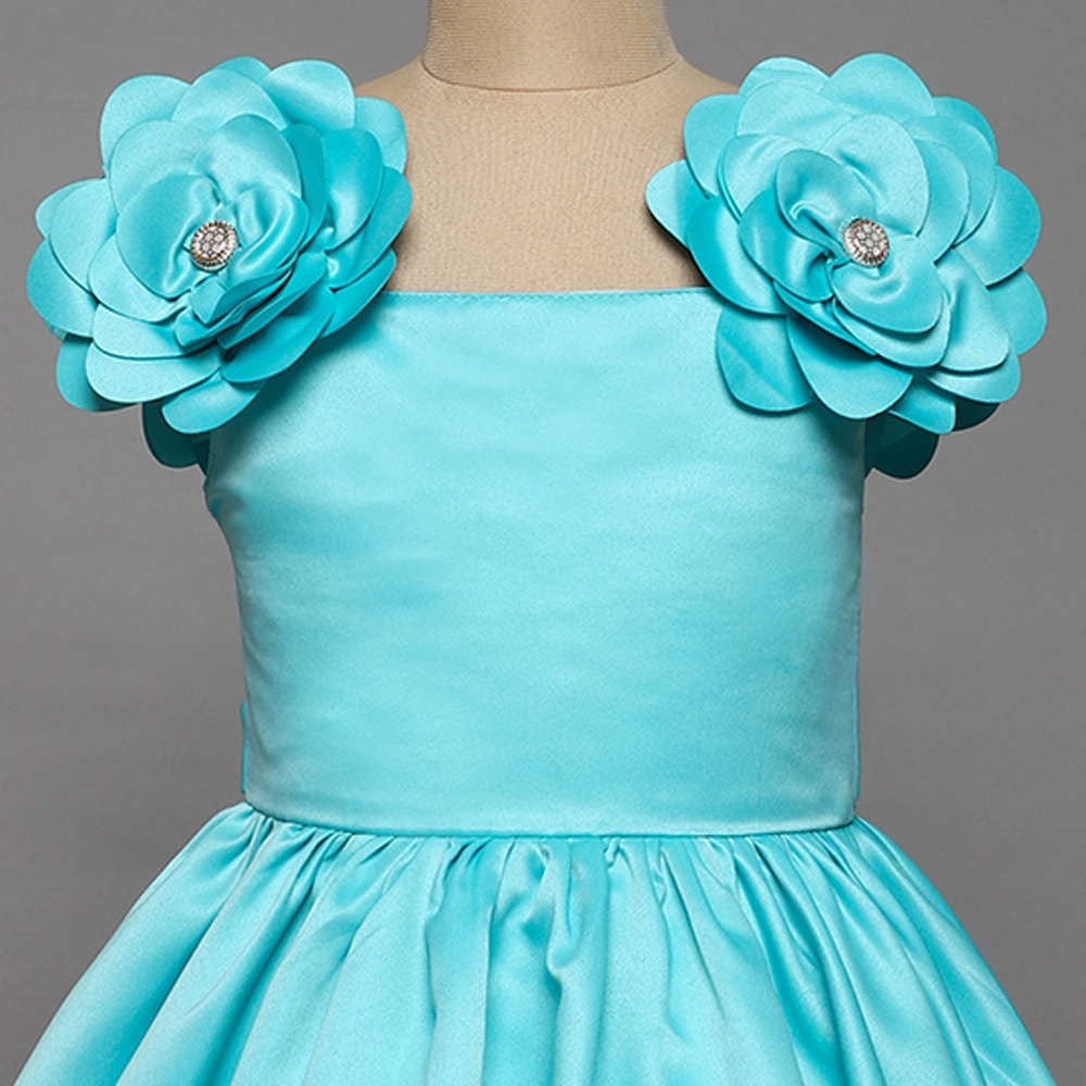 The Magic Wand Flower Embelished Party Dress For Girls- Blue