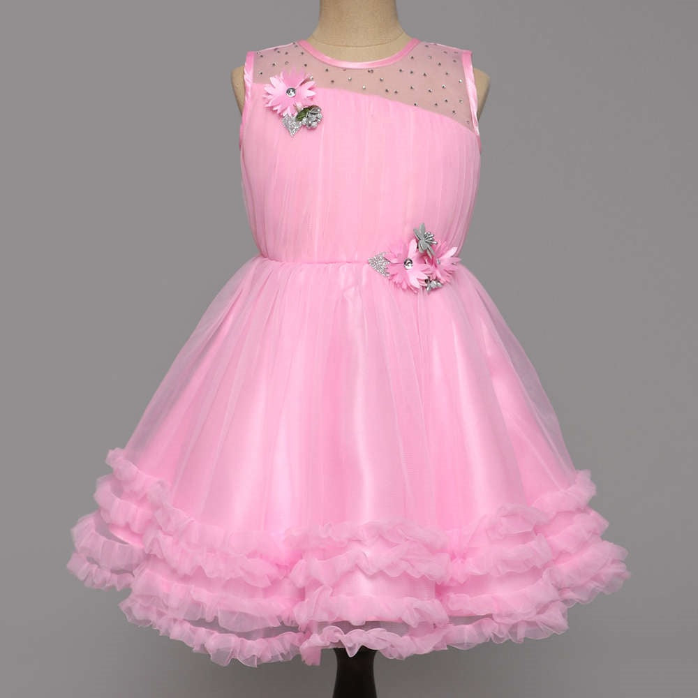The Magic Wand Sleeveless Flower Embellished Ruffle Party Dress - Pink