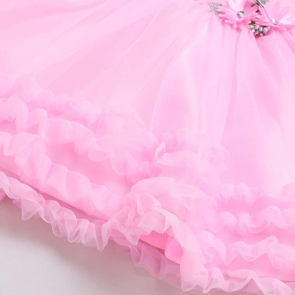 Flower Embellished Ruffle Party Dress - Pink