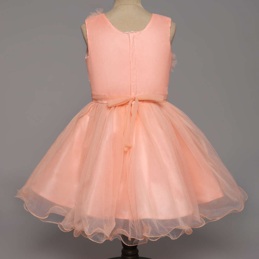 Sleeveless Flower Embellished Ruffle Party Dress For Girls - Peach