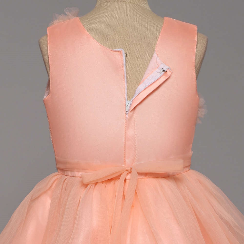 Sleeveless Flower Embellished Ruffle Party Dress For Girls - Peach