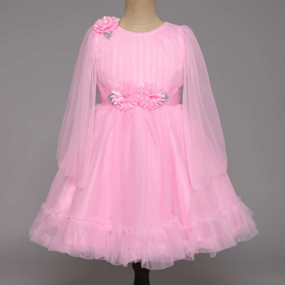 Off Shoulder Flower Embellished Ruffle Party Dress For Girls - Pink