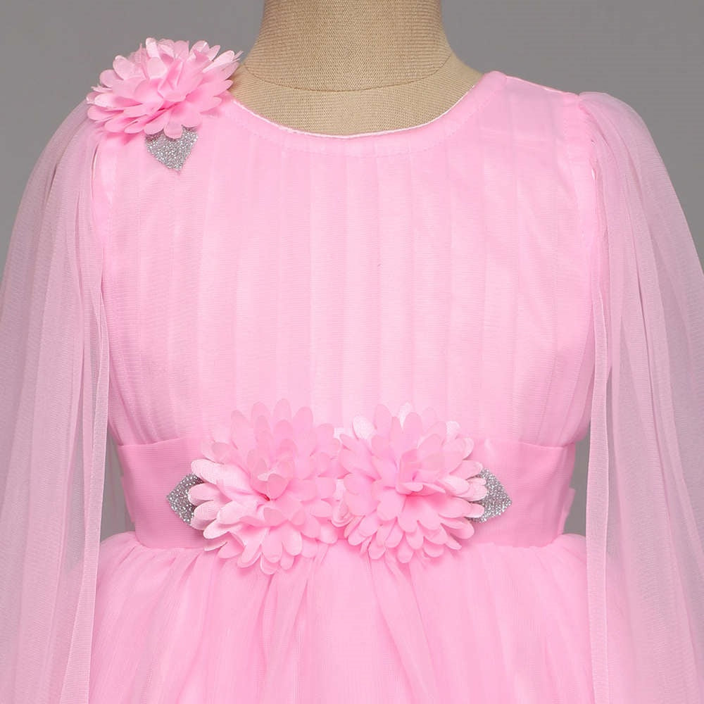 Off Shoulder Flower Embellished Ruffle Party Dress For Girls - Pink