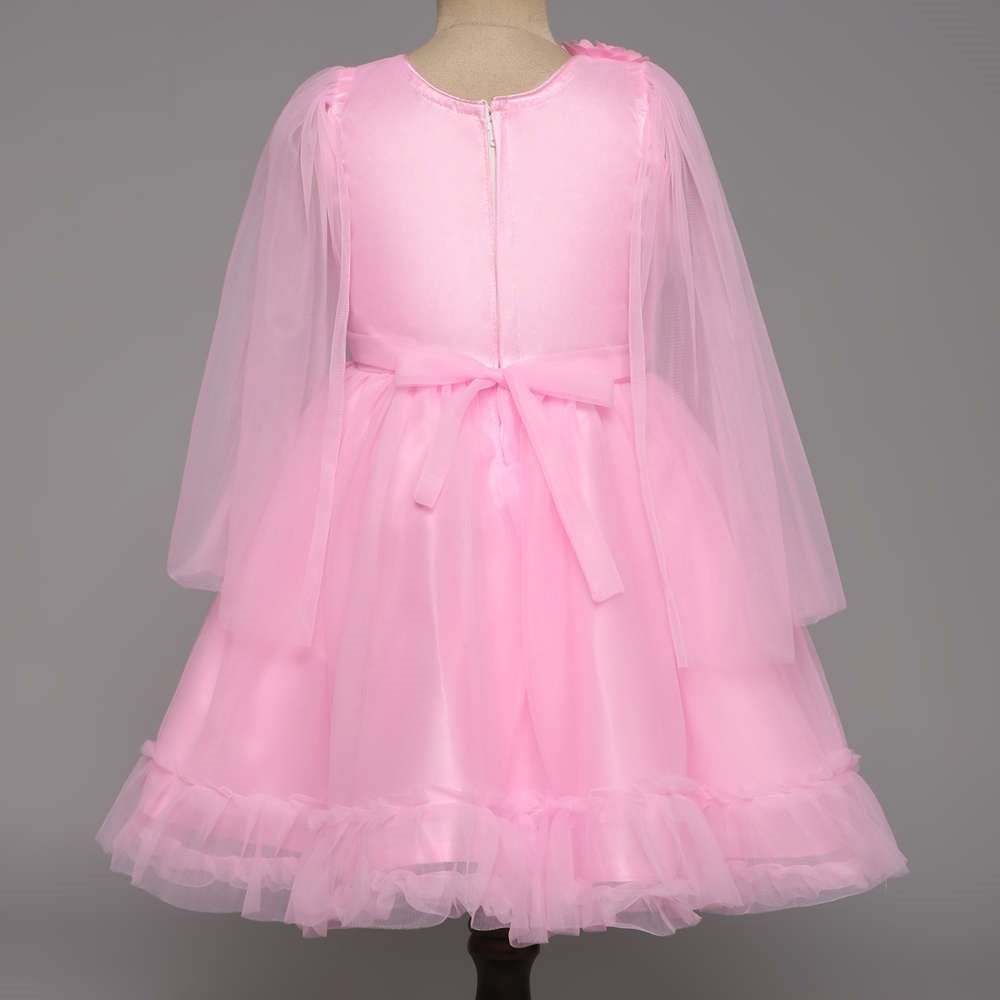 Off Shoulder Flower Embellished Ruffle Party Dress For Girls - Pink