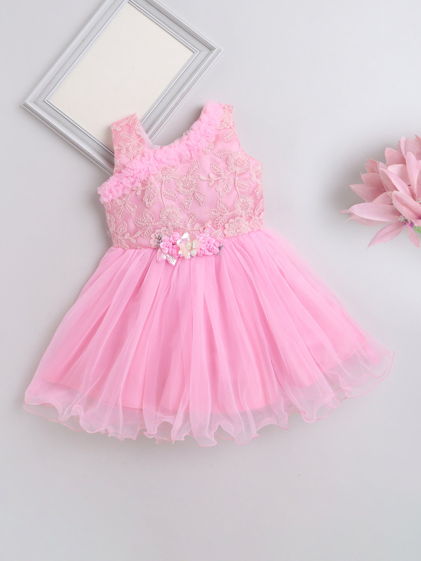 Sleeveless Flower Embelished Ruffle Party Dress For Girls Pink
