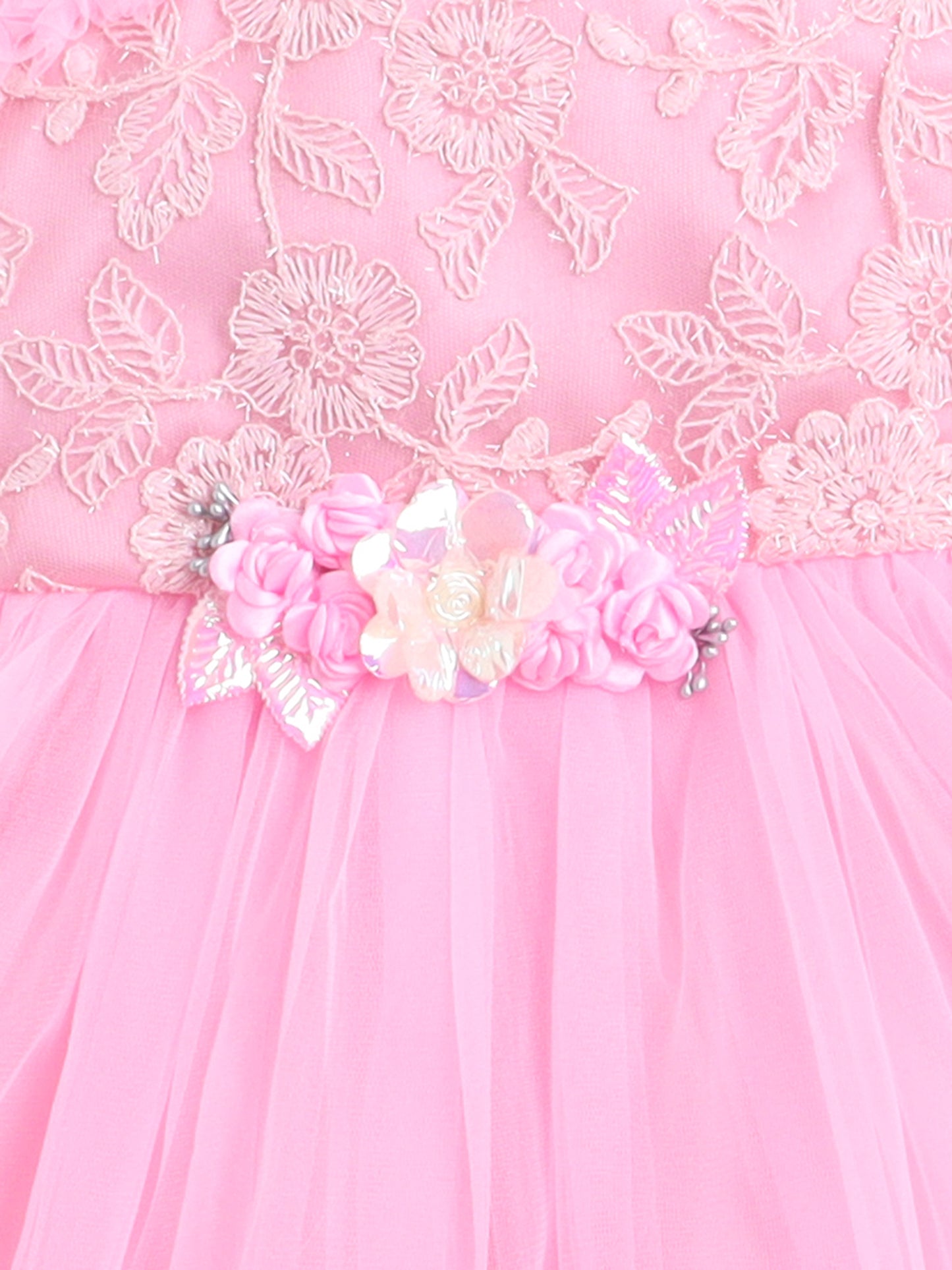 Sleeveless Flower Embelished Ruffle Party Dress For Girls Pink