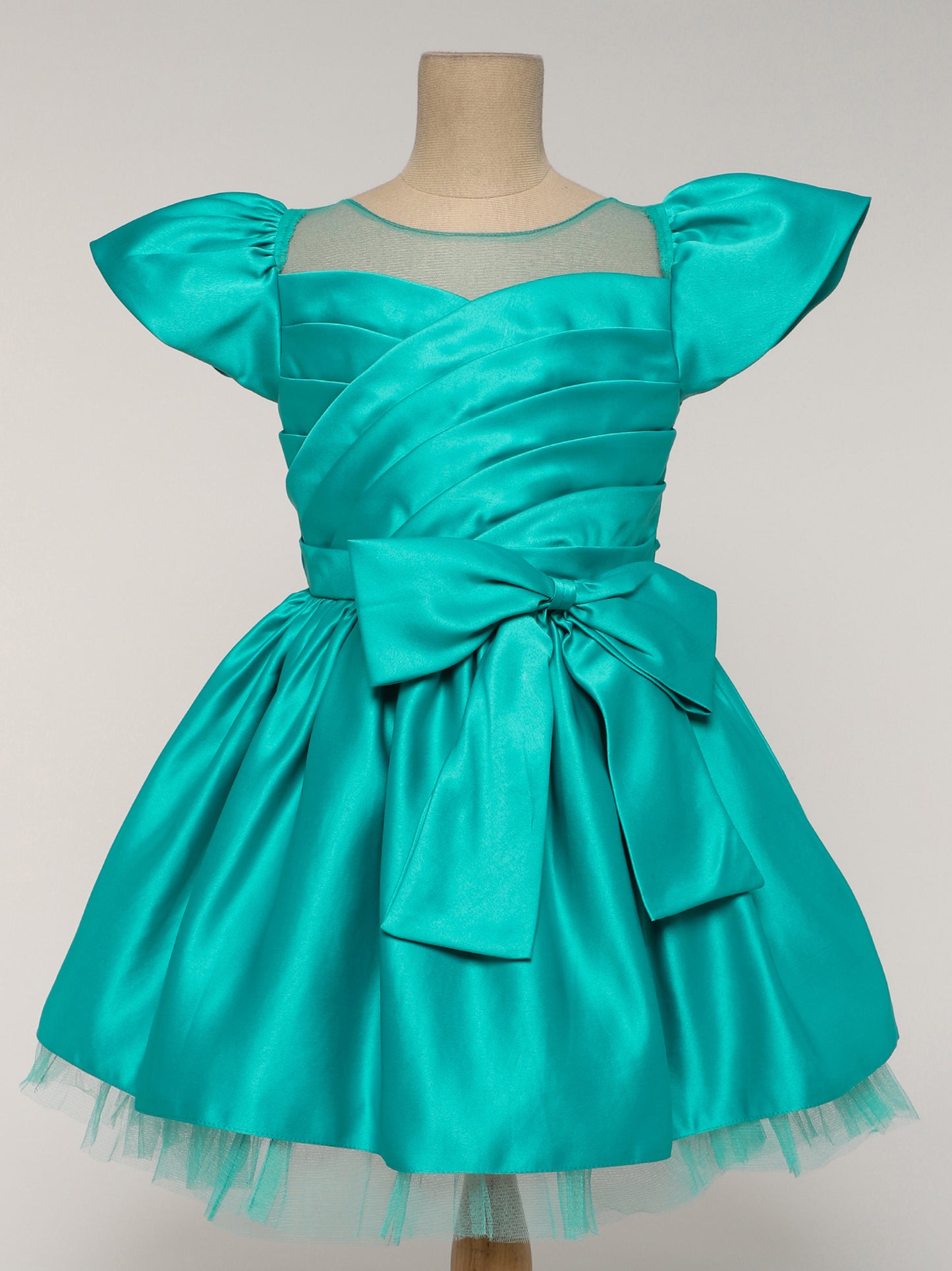 Solid Satin Cap Sleeves Big Bow Embelished Party Wear Dress For Girls Aqua Green
