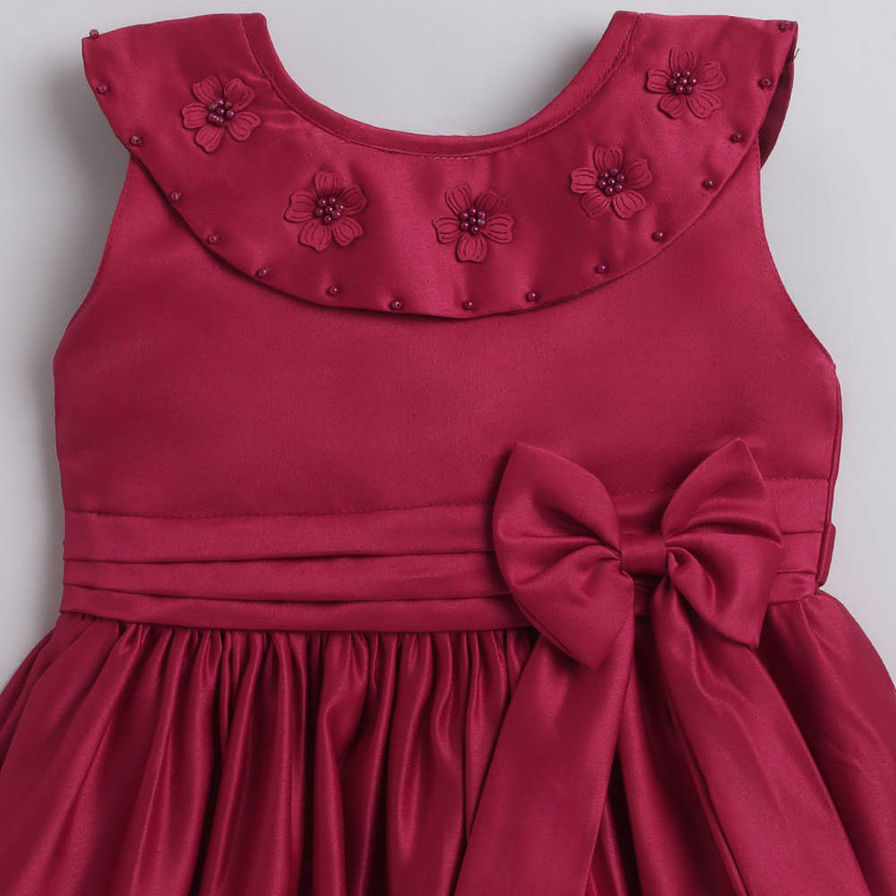 Solid Satin Sleeveless Bow Embelished Party Wear girls Dress Maroon