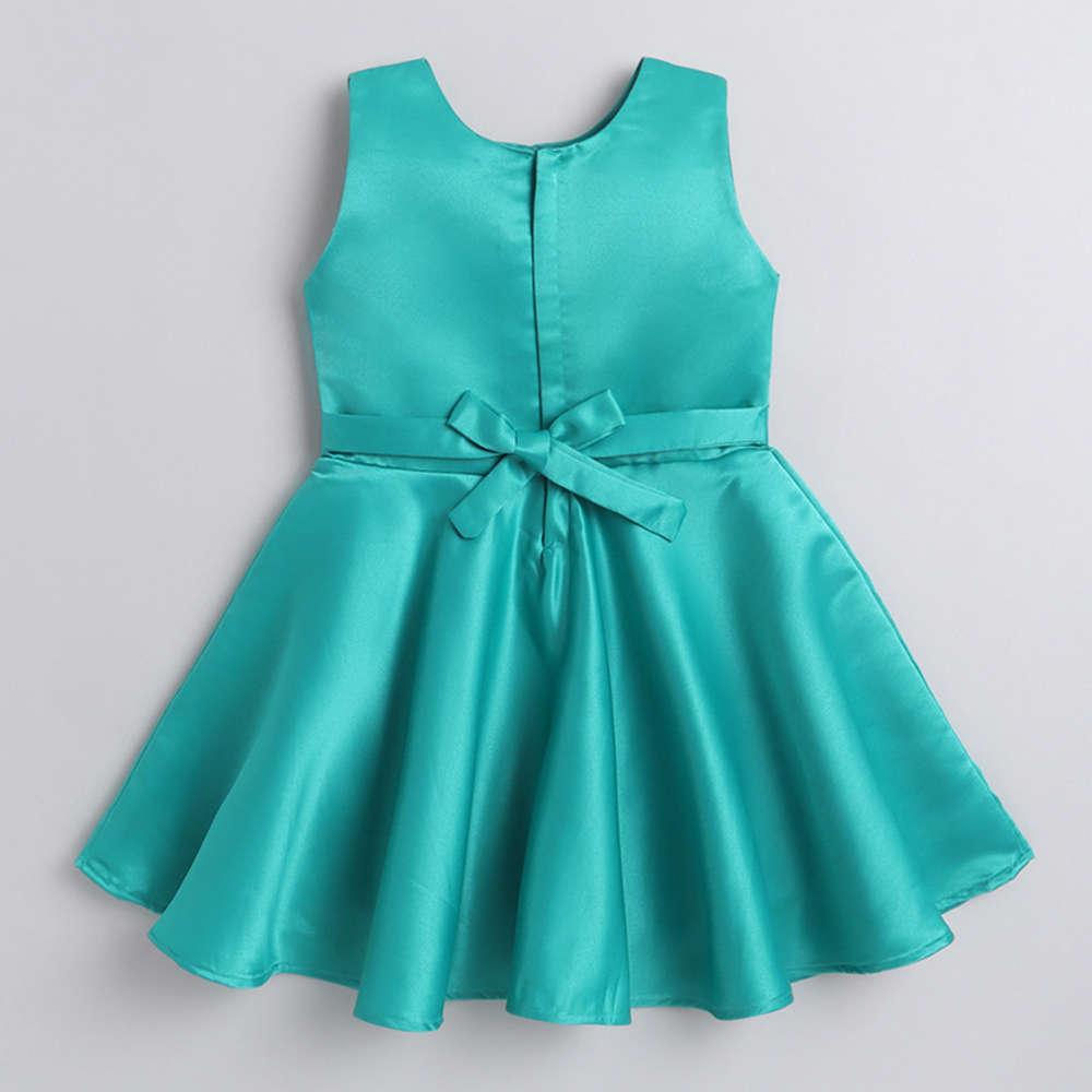 Solid Satin Sleeveless Bow Embelished Party Wear Dress For Girls Teal Green