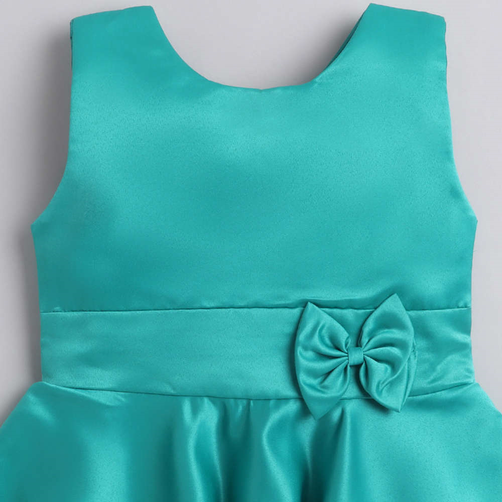Solid Satin Sleeveless Bow Embelished Party Wear Dress For Girls Teal Green