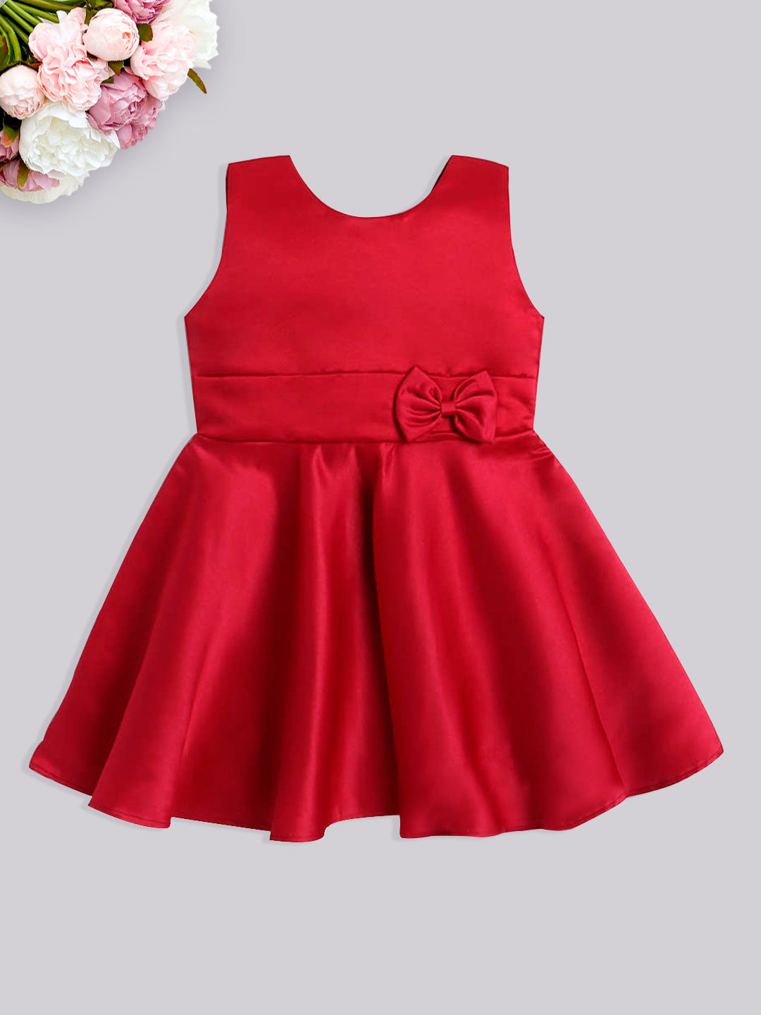 Solid Satin Sleeveless Bow Embelished Party Wear Dress For Girls Maroon