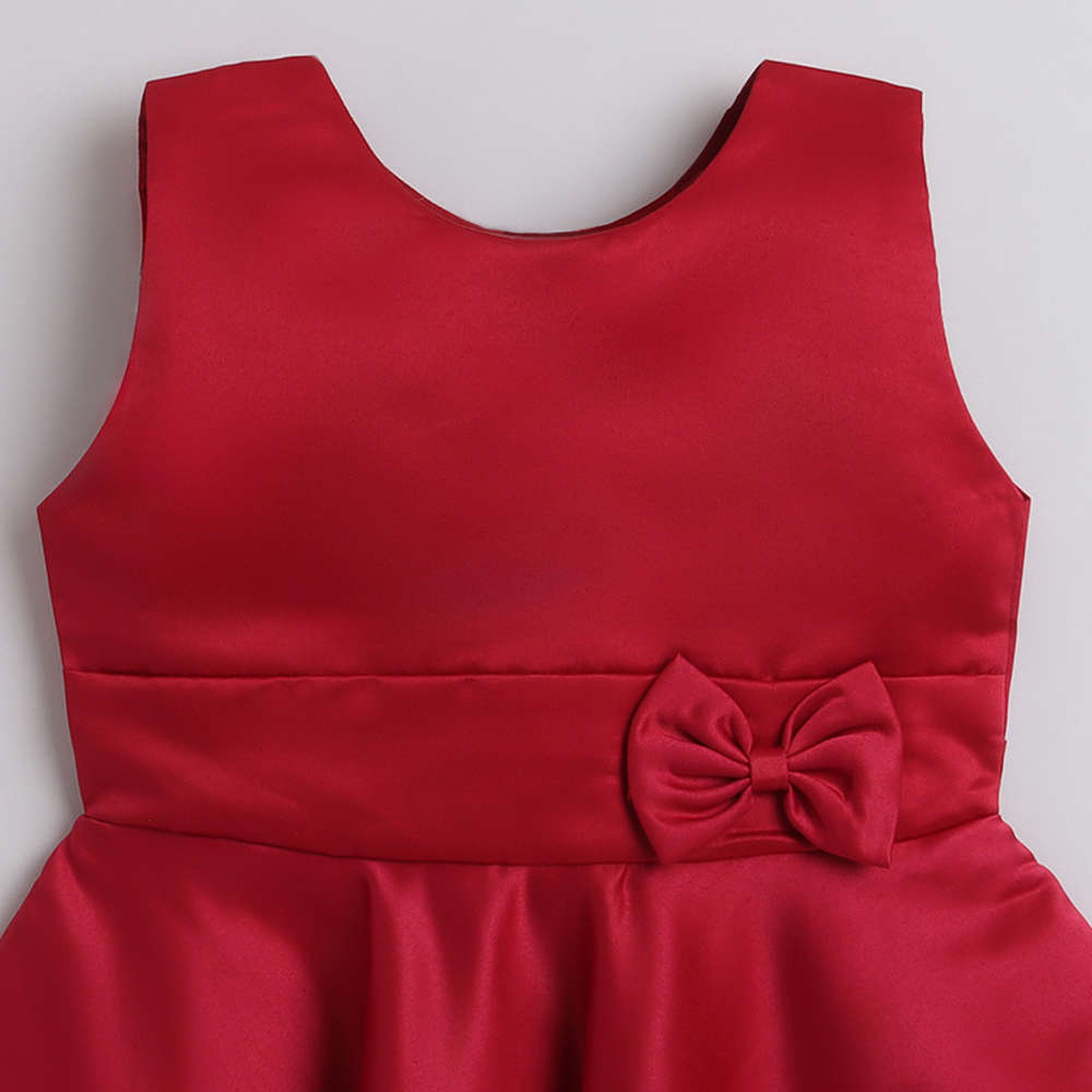 Solid Satin Sleeveless Bow Embelished Party Wear Dress For Girls Maroon