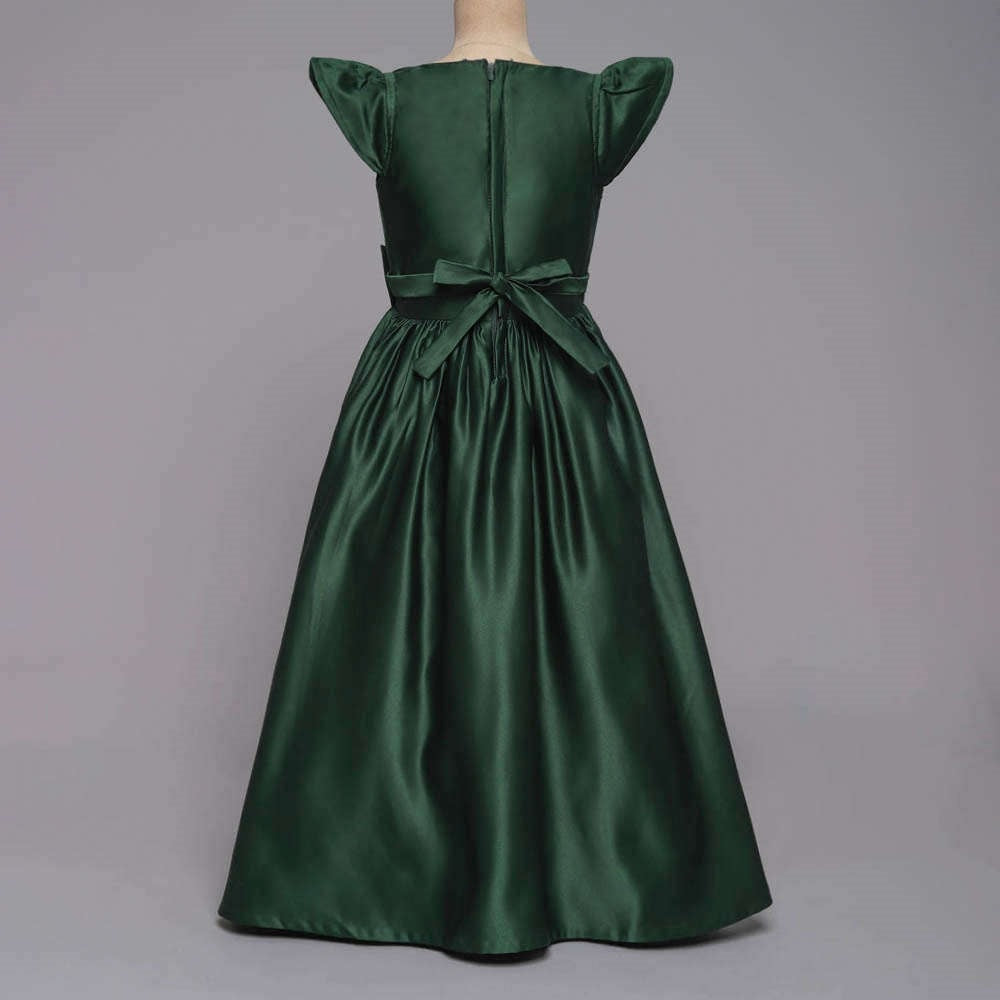 Bow Embellished Cap Sleeves Long Gown Girls Dress - Green