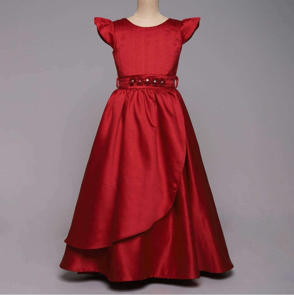 Bow Embelished Cap Sleeves Girls Long Gown Dress - Red