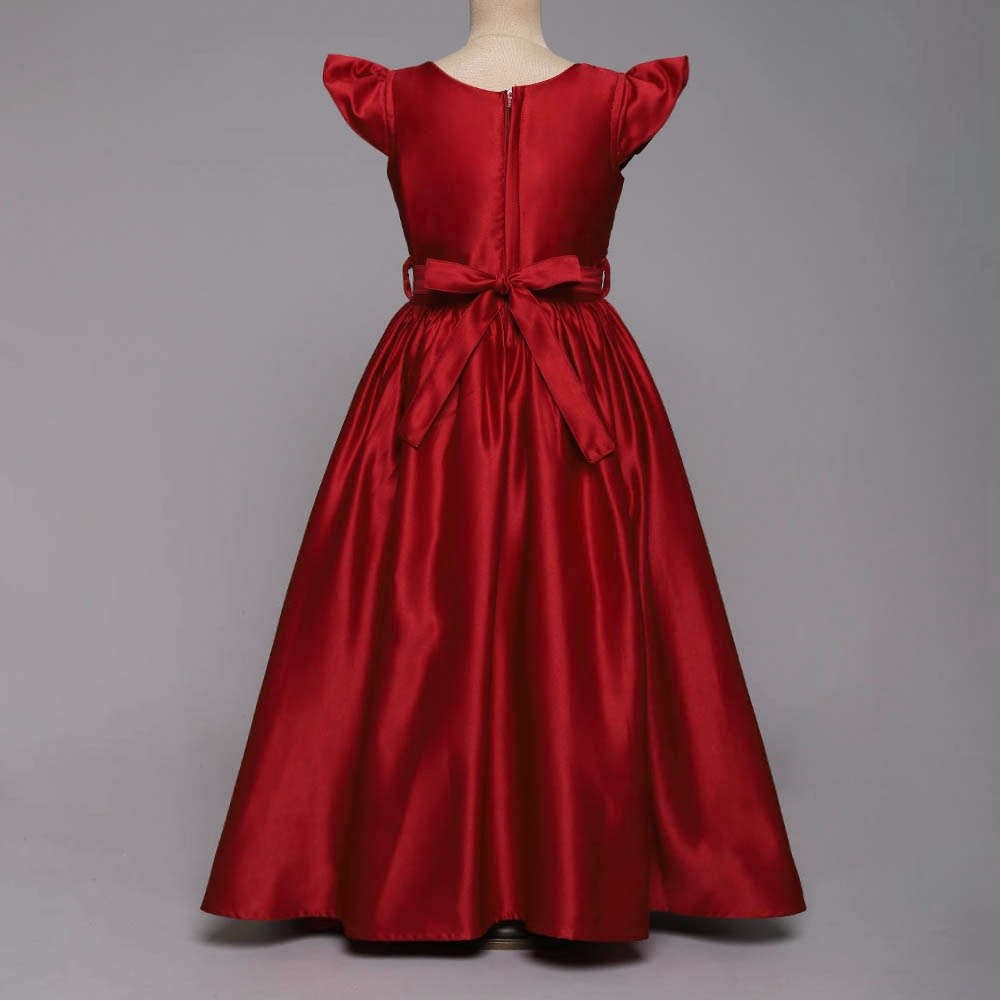 Bow Embelished Cap Sleeves Girls Long Gown Dress - Red