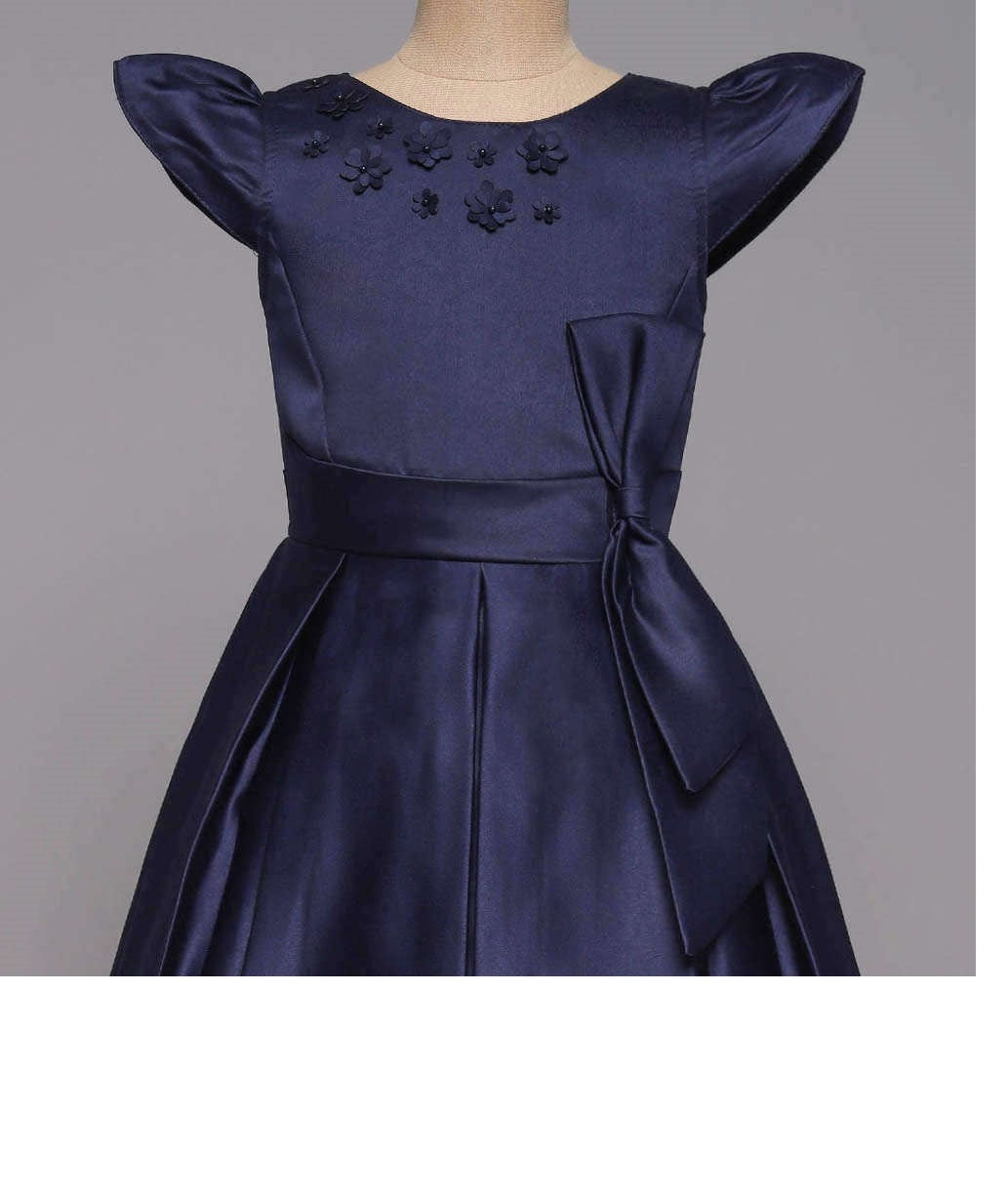 Long Gown Bow Embellished Cap Sleeves Dress For Girls - Navy