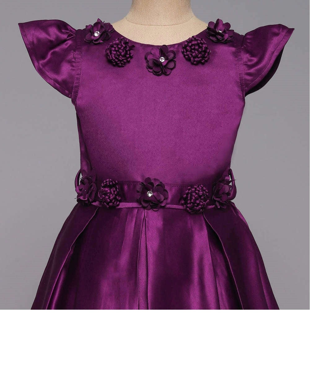 Cap Sleeves Stone Floral Applique Detailed Box Pleated Fit & Flare Gown - Purple