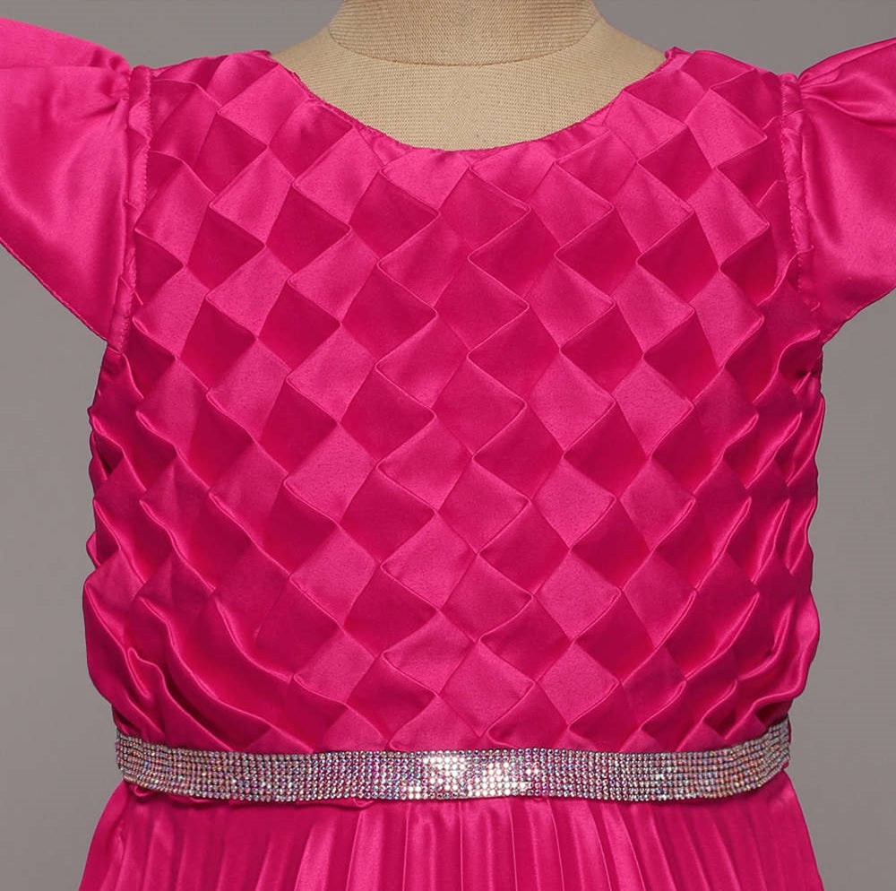 Cap Sleeves Canadian Smocking Detailed Bodice With Placement Stone Embellished Gown - Fuchsia Pink
