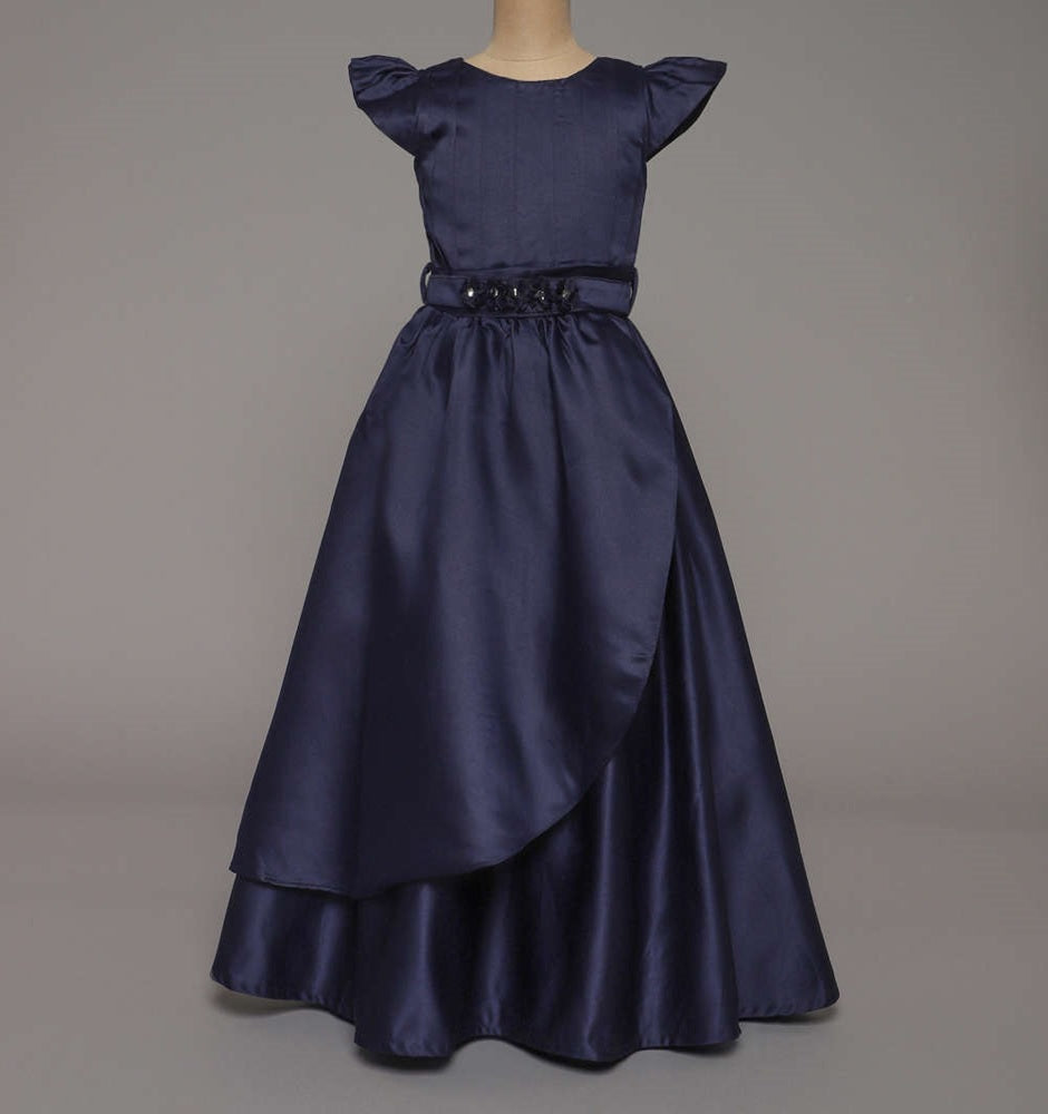 Bow Embellished Cap Sleeves Long Gown Dress For Girls - Navy