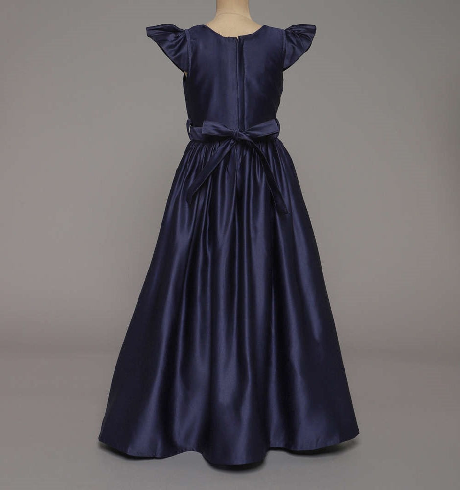 Bow Embellished Cap Sleeves Long Gown Dress For Girls - Navy
