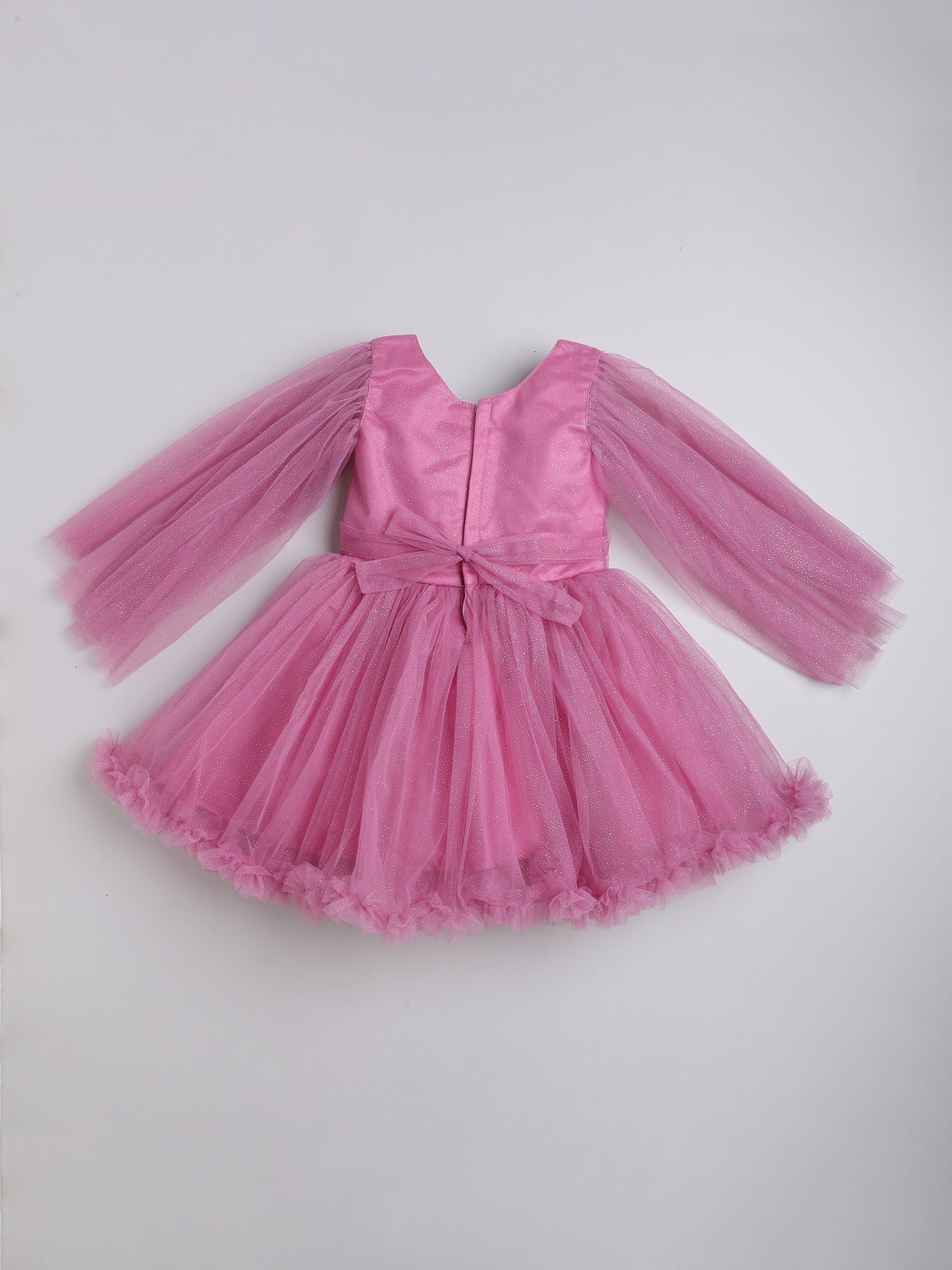 Ruffle Detailed Fit & Flare 3/4th Sleeves Party Dress For Girls- Onion Pink