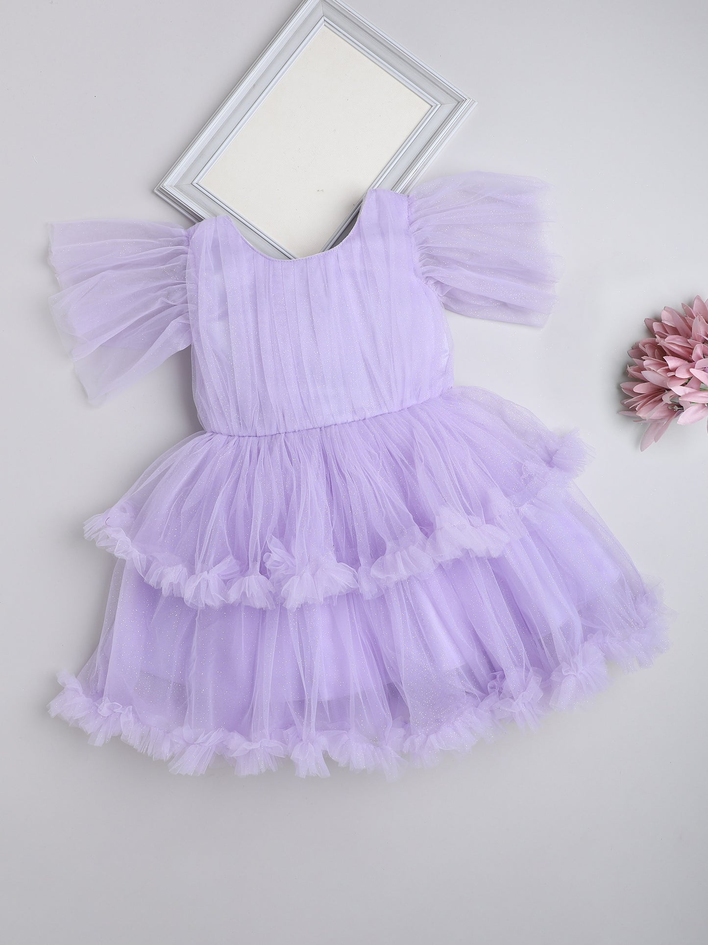 Ruffle Detailed Fit & Flare Short Sleeves Tiered Party Dress For Girls - Lavender