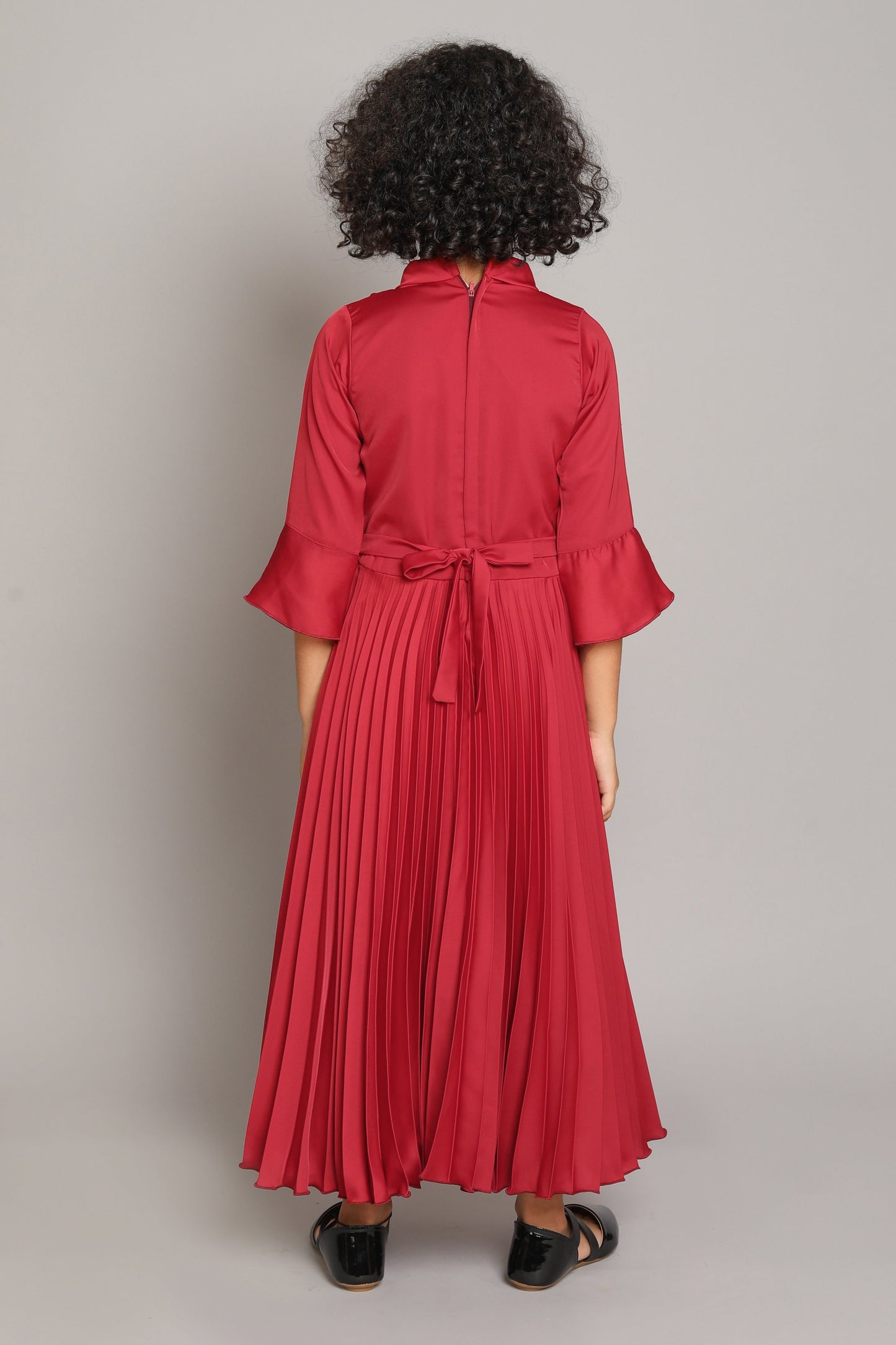 The Magic Wand Solid 3/4th Sleeves Pleated Fit & Flare Party Gown With Butterfly Applique For Girls - Red