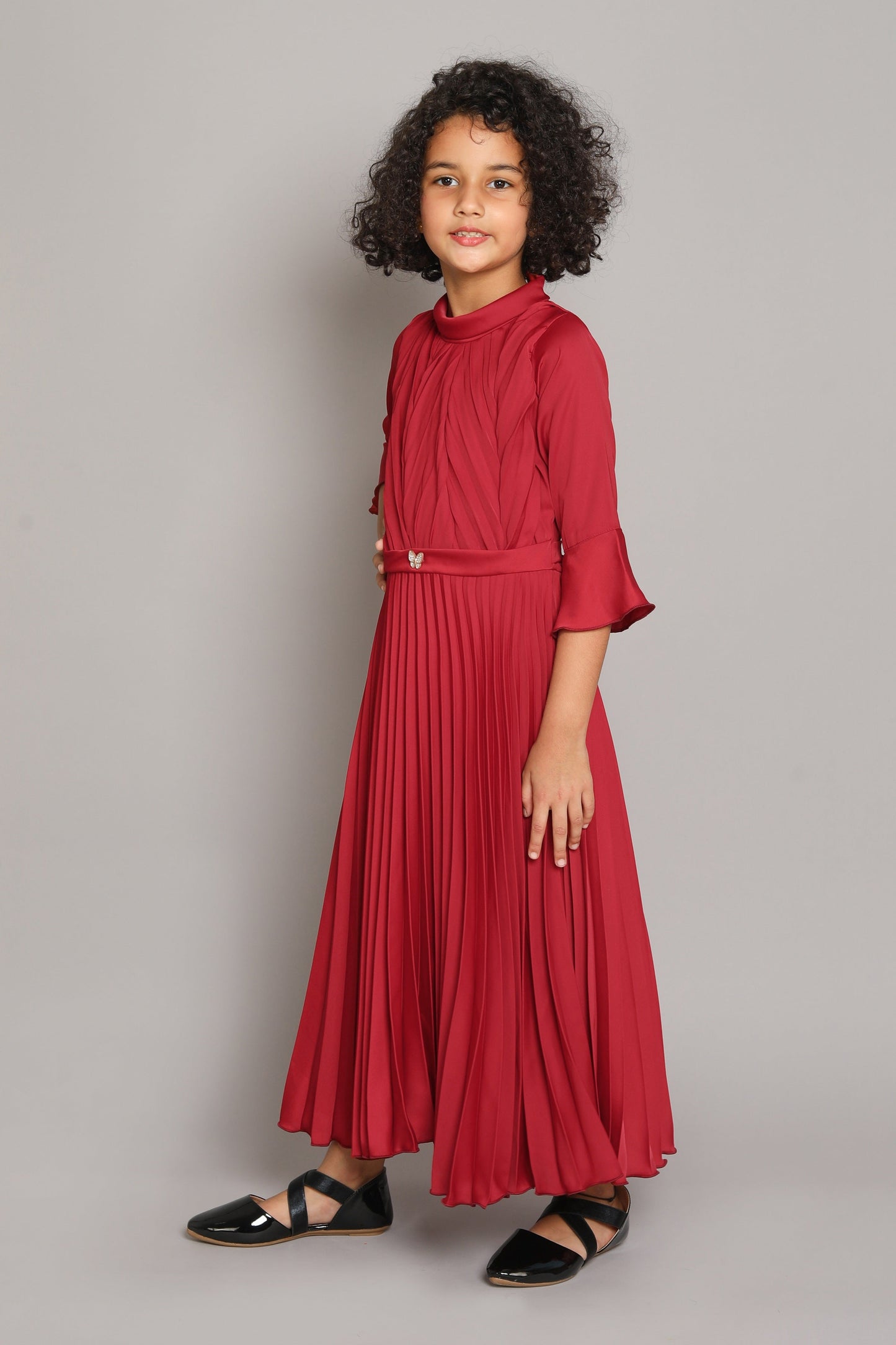 The Magic Wand Solid 3/4th Sleeves Pleated Fit & Flare Party Gown With Butterfly Applique For Girls - Red