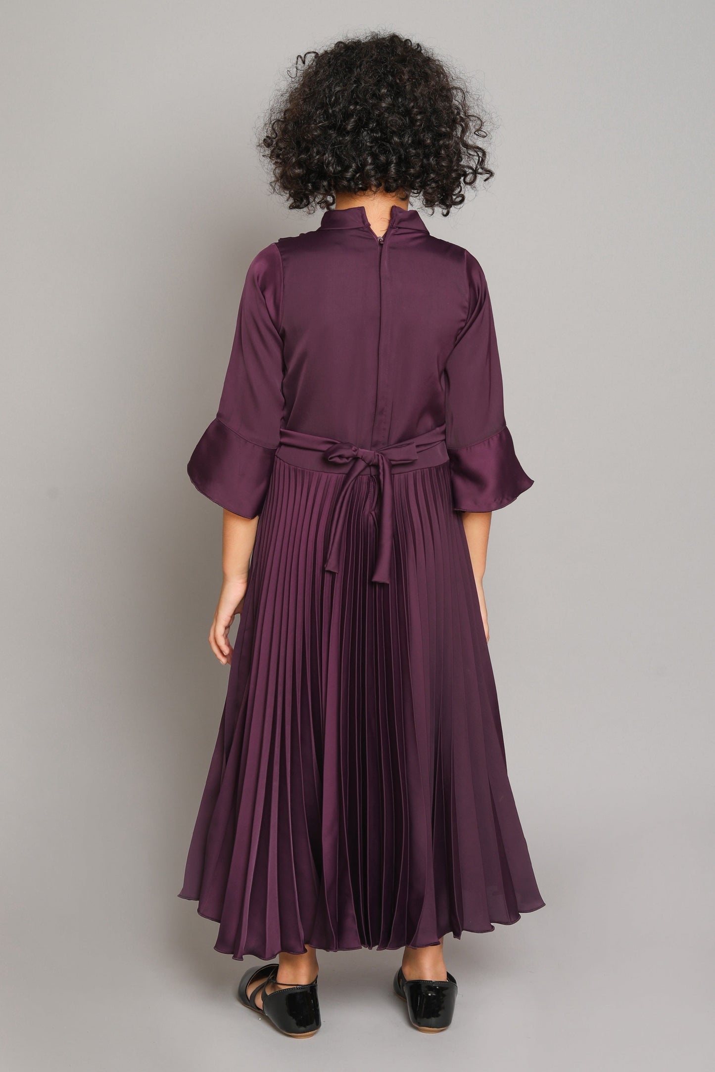 The Magic Wand Solid 3/4th Sleeves Pleated Fit & Falre Party Gown With Butterfly Applique For Girls Magenta