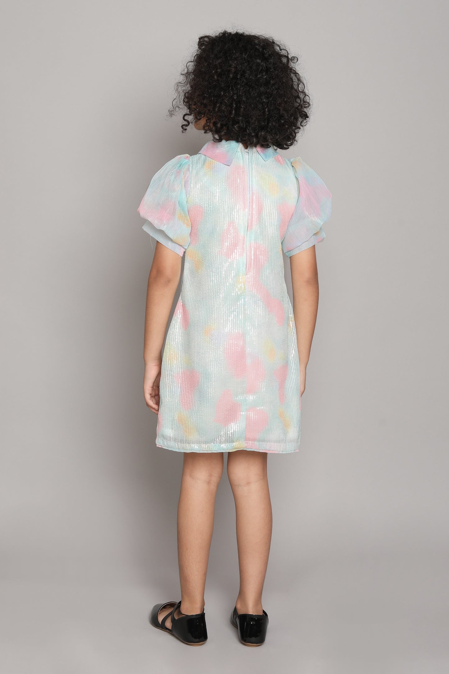 Tie & Dye Short Sleeves Bow Embelished Fit & Falre Party Dress For Girls Off White