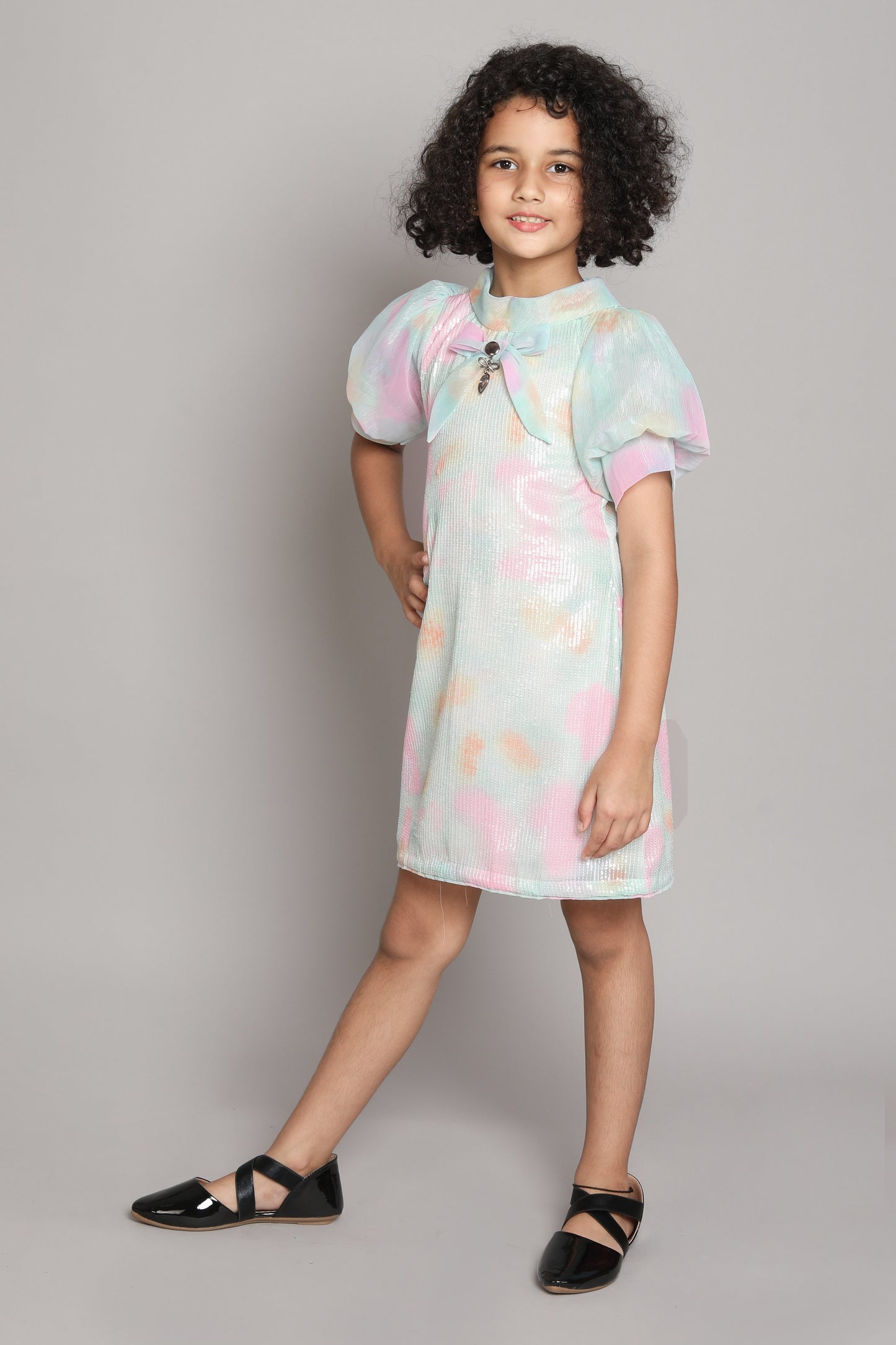 Tie & Dye Short Sleeves Bow Embelished Fit & Falre Party Dress For Girls Off White