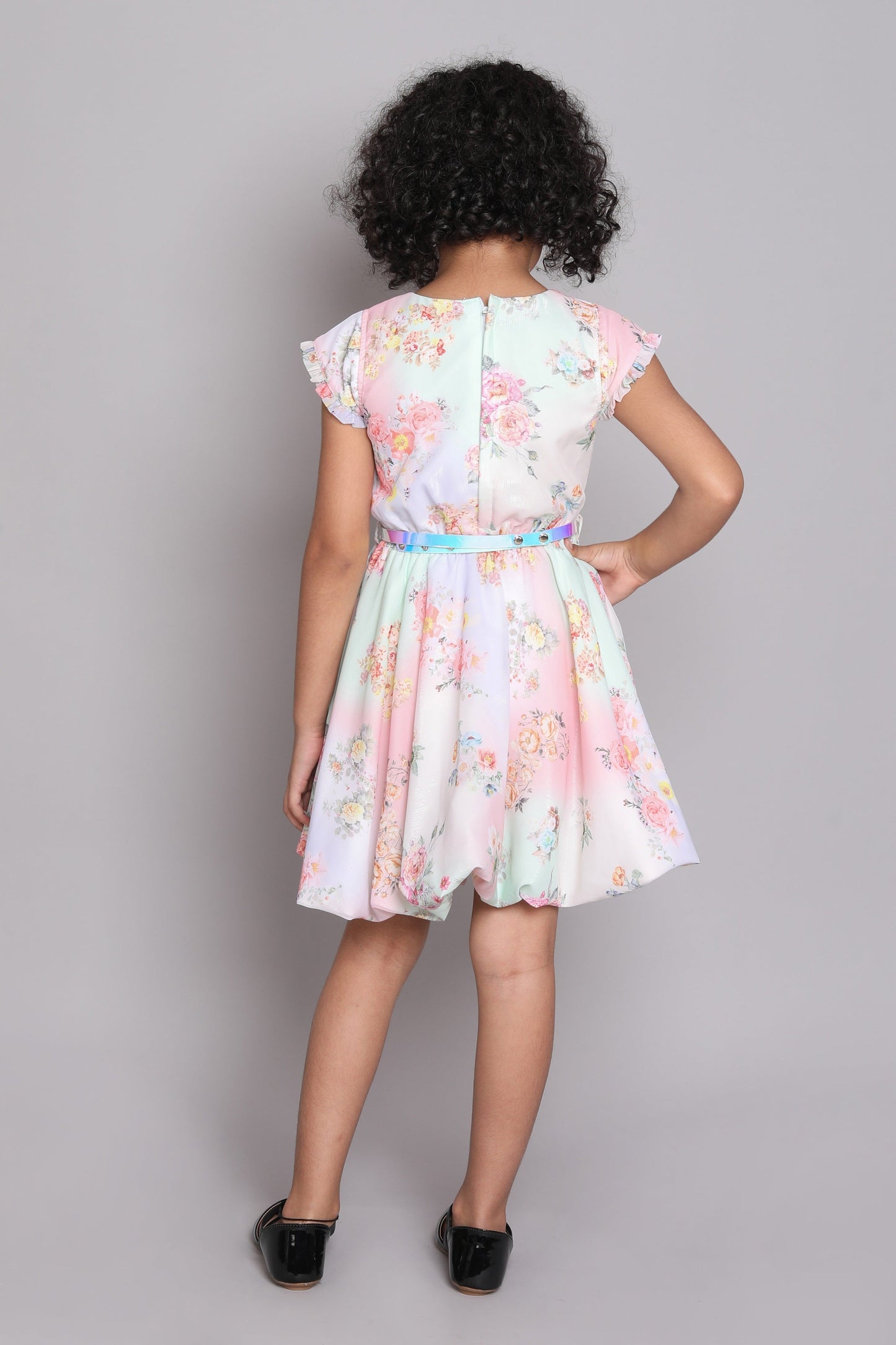 The Magic Wand Floral Digital Printed Short Sleeves Fit & Flare Party Dress With Belt For Girls - Peach