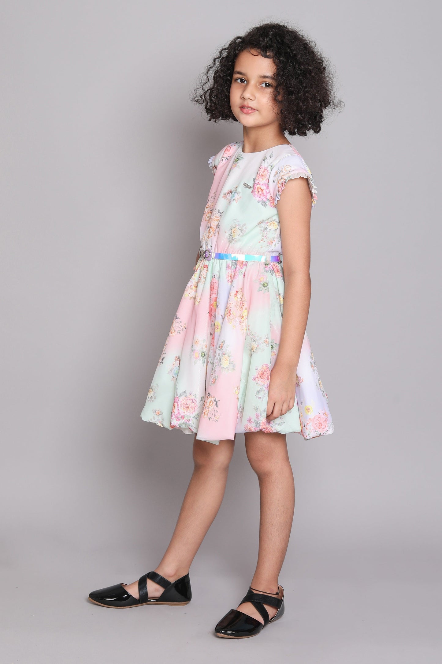 Floral Digital Printed Short Sleeves Fit & Flare Party Dress With Belt - Peach