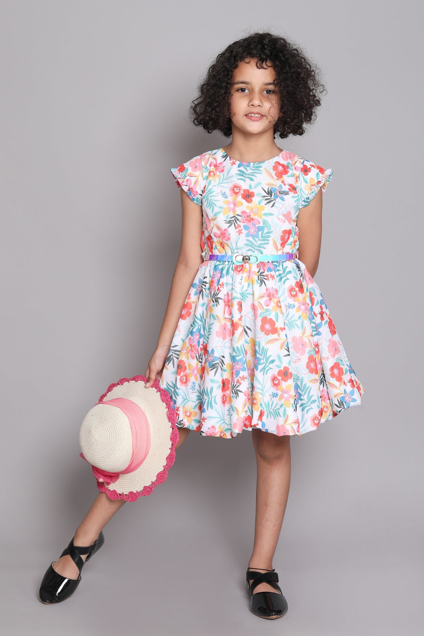 The Magic Wand Floral Digital Printed Short Sleeves Fit & Flare Party Dress With Belt For Girls - Off White