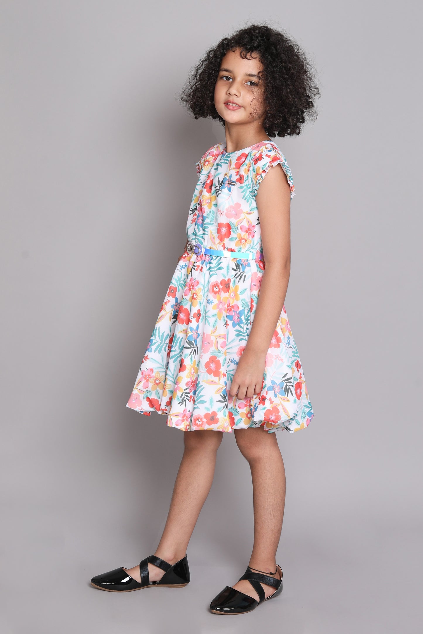 The Magic Wand Floral Digital Printed Short Sleeves Fit & Flare Party Dress With Belt For Girls - Off White