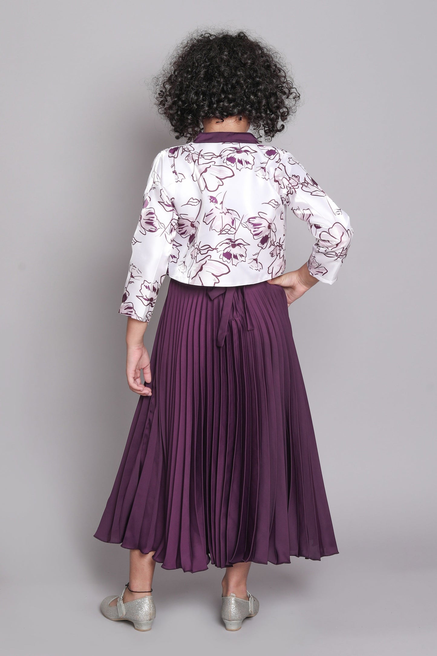 Three Fourth Sleeves Abstract Floral Printed Shrug With Accordion Pleated Fit & Flare Party Gown - Magenta Purple