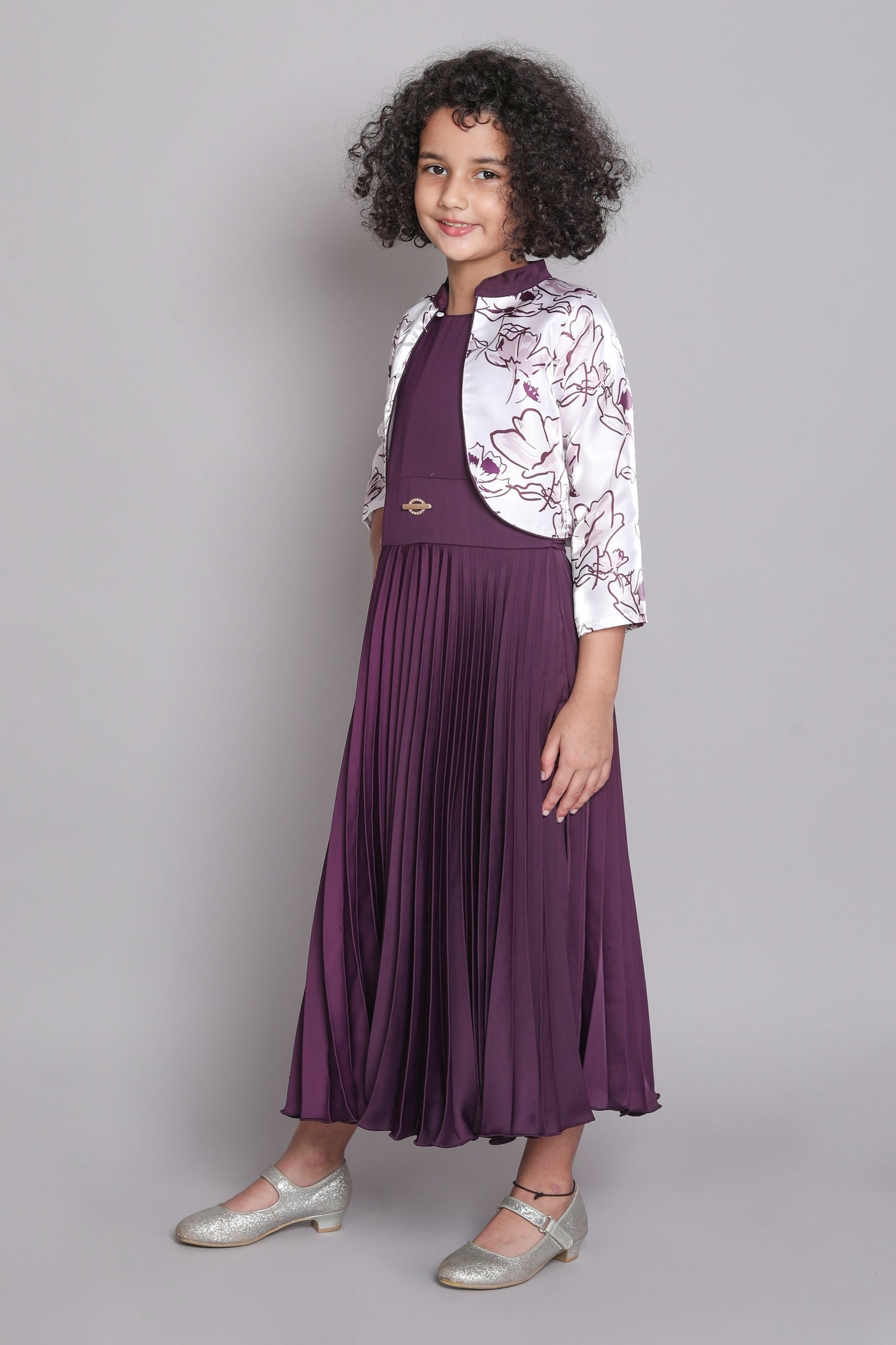 Three Fourth Sleeves Abstract Floral Printed Shrug With Accordion Pleated Fit & Flare Party Gown - Magenta Purple