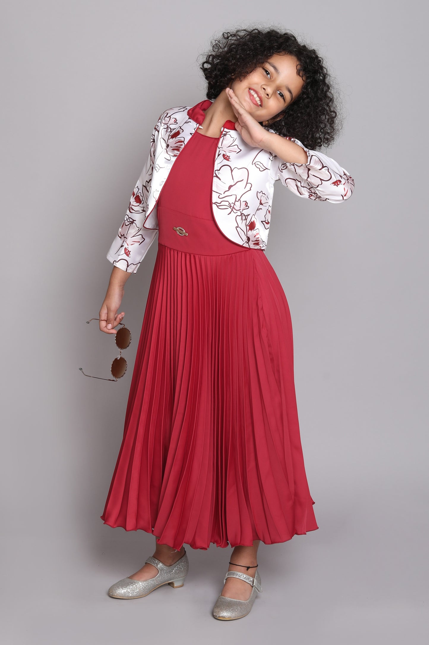 Three Fourth Sleeves Abstract Floral Printed Shrug With Accordion Pleated Fit & Flare Party Gown - Red