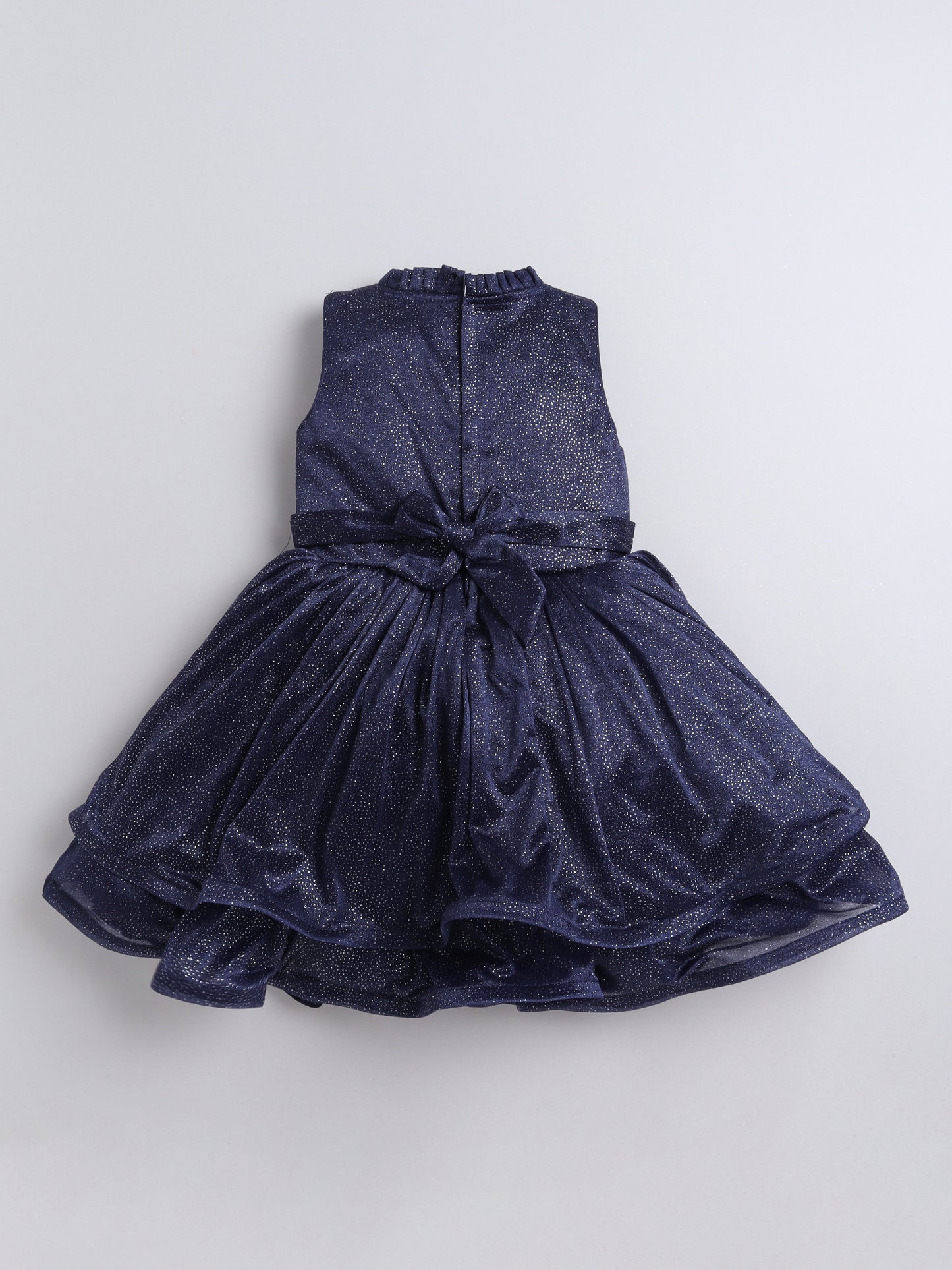 Sleeveless Shimmery Collar Neck Fit & Flare Party Dress With Corsage For Girls - Navy
