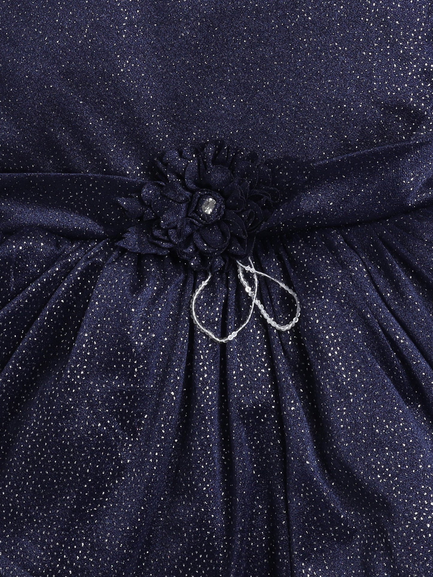 Sleeveless Shimmery Collar Neck Fit & Flare Party Dress With Corsage For Girls-Navy