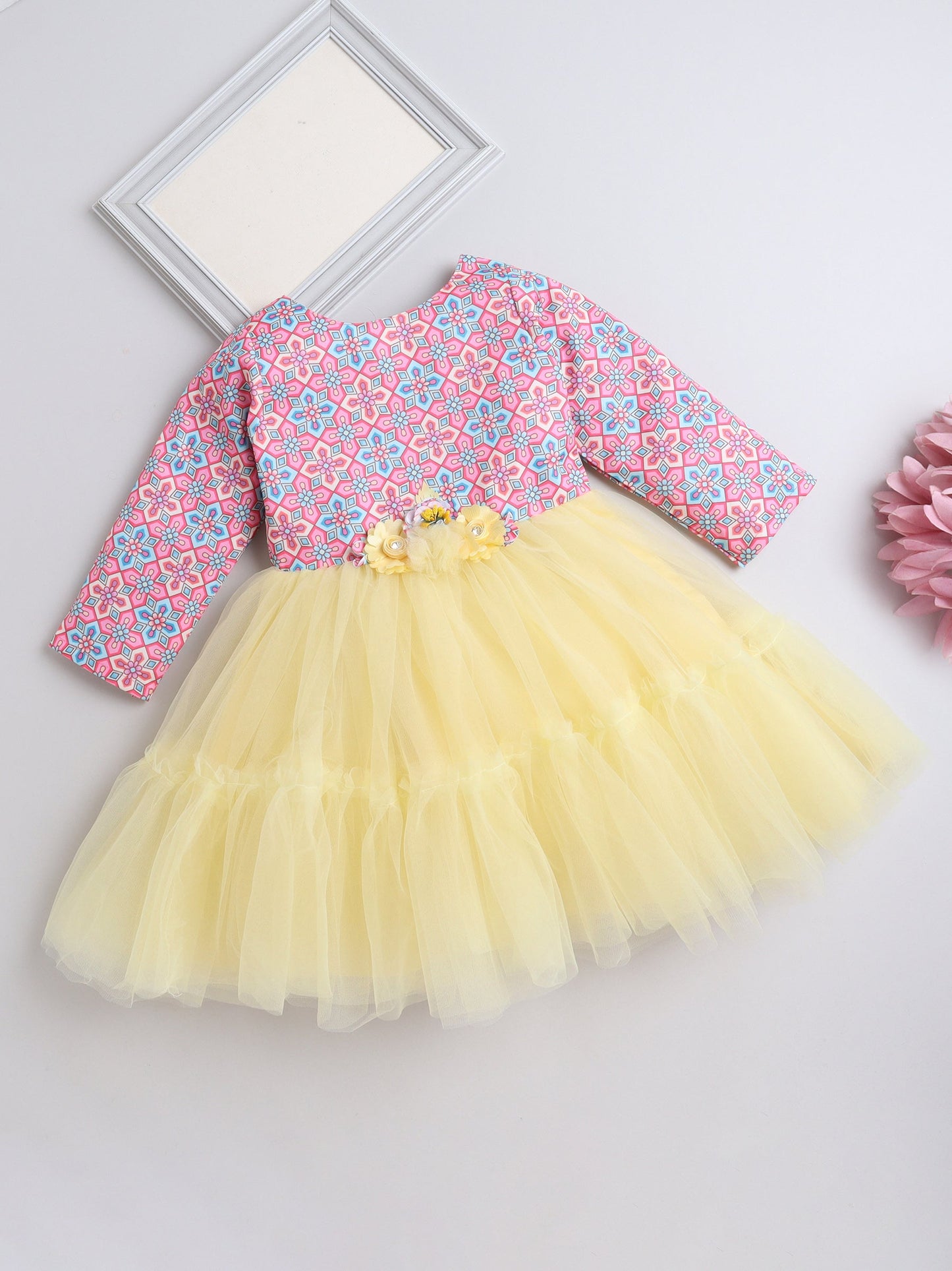 Three Fourth Sleeves Seamless Geomteric Floral Bodice Printed & Ruffle Detailed Dress - Yellow & Pink