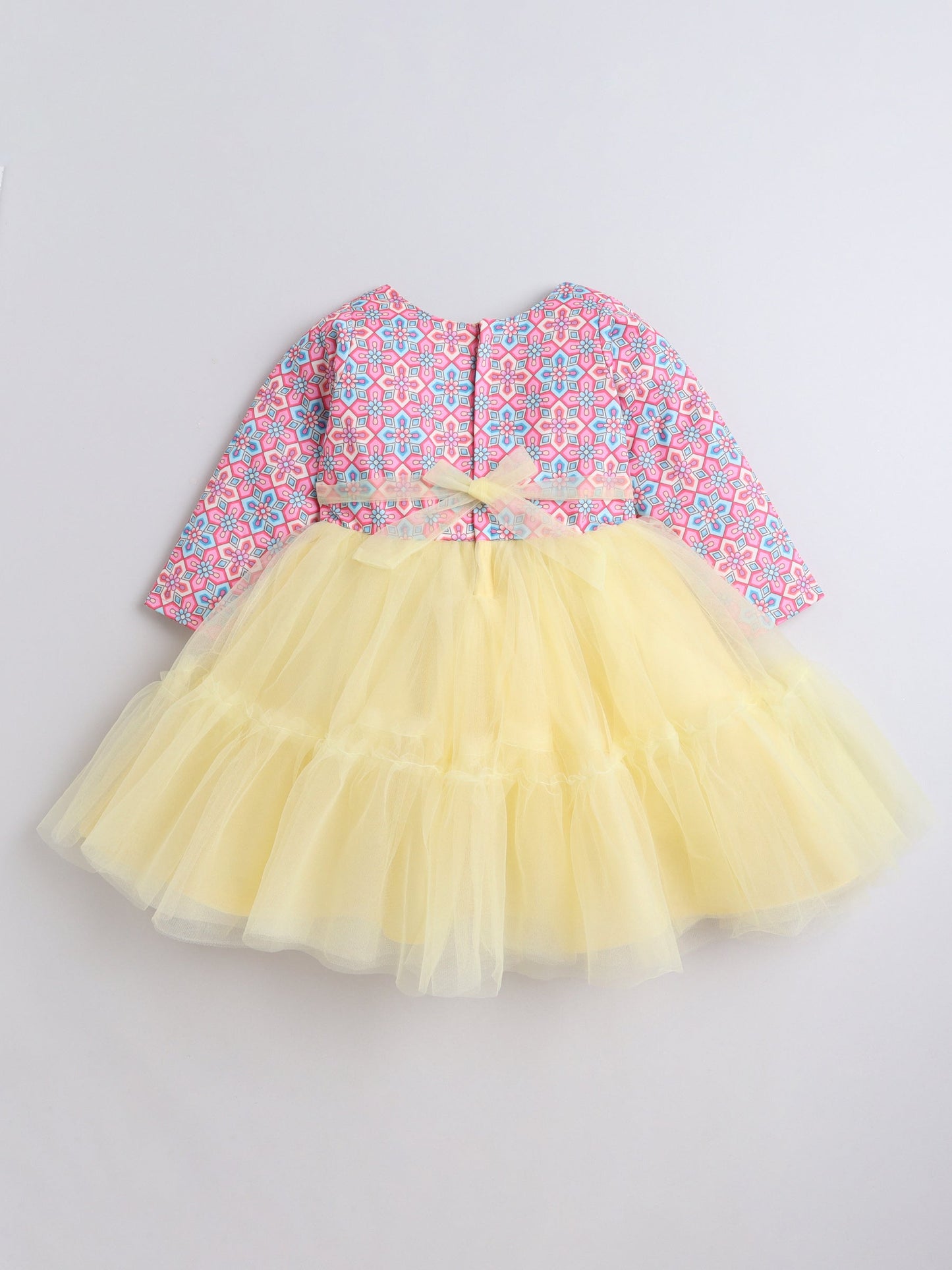 Three Fourth Sleeves Seamless Geomteric Floral Bodice Printed & Ruffle Detailed Dress - Yellow & Pink
