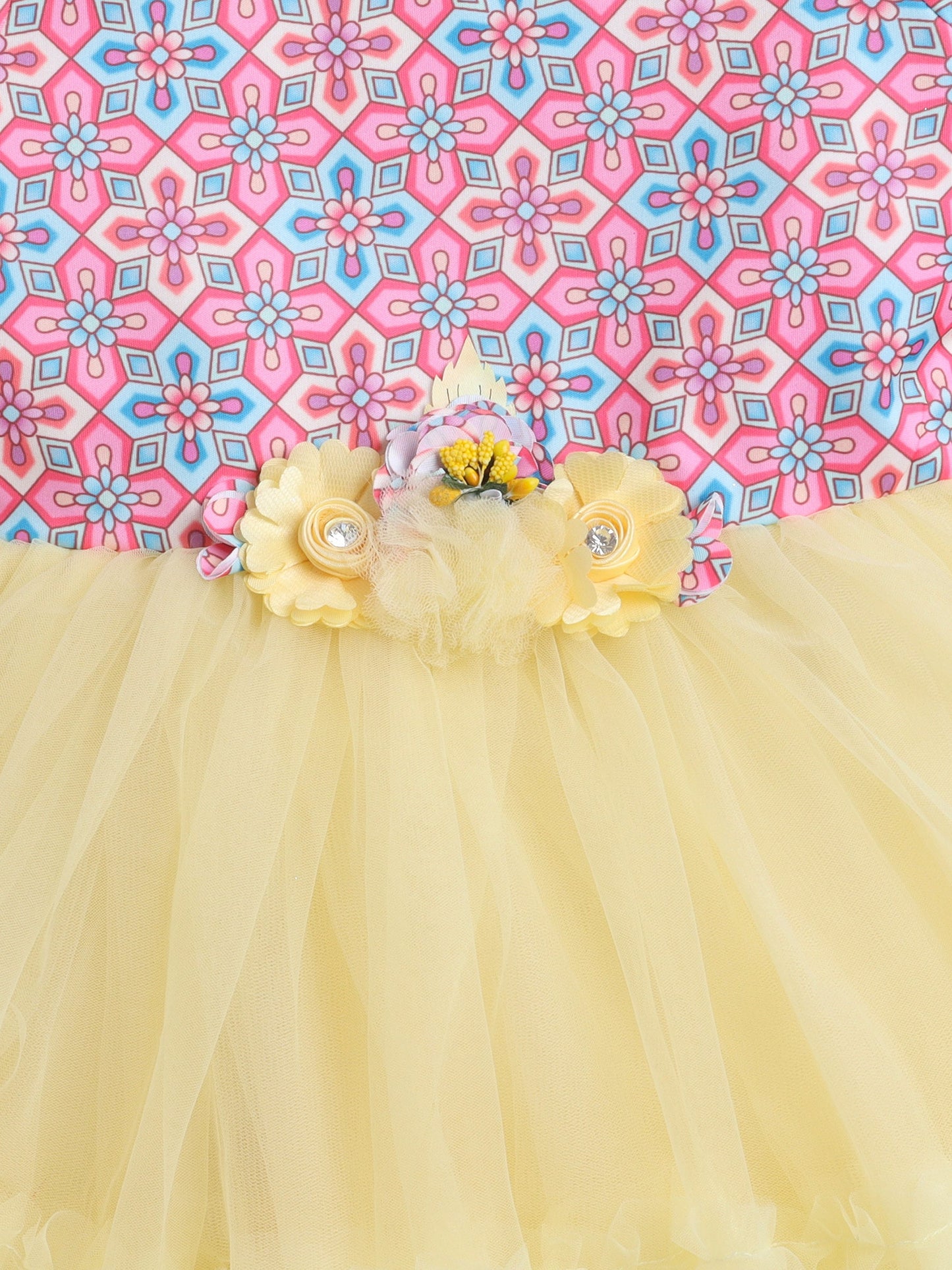 Three Fourth Sleeves Seamless Geomteric Floral Bodice Printed & Ruffle Detailed Dress - Yellow & Pink
