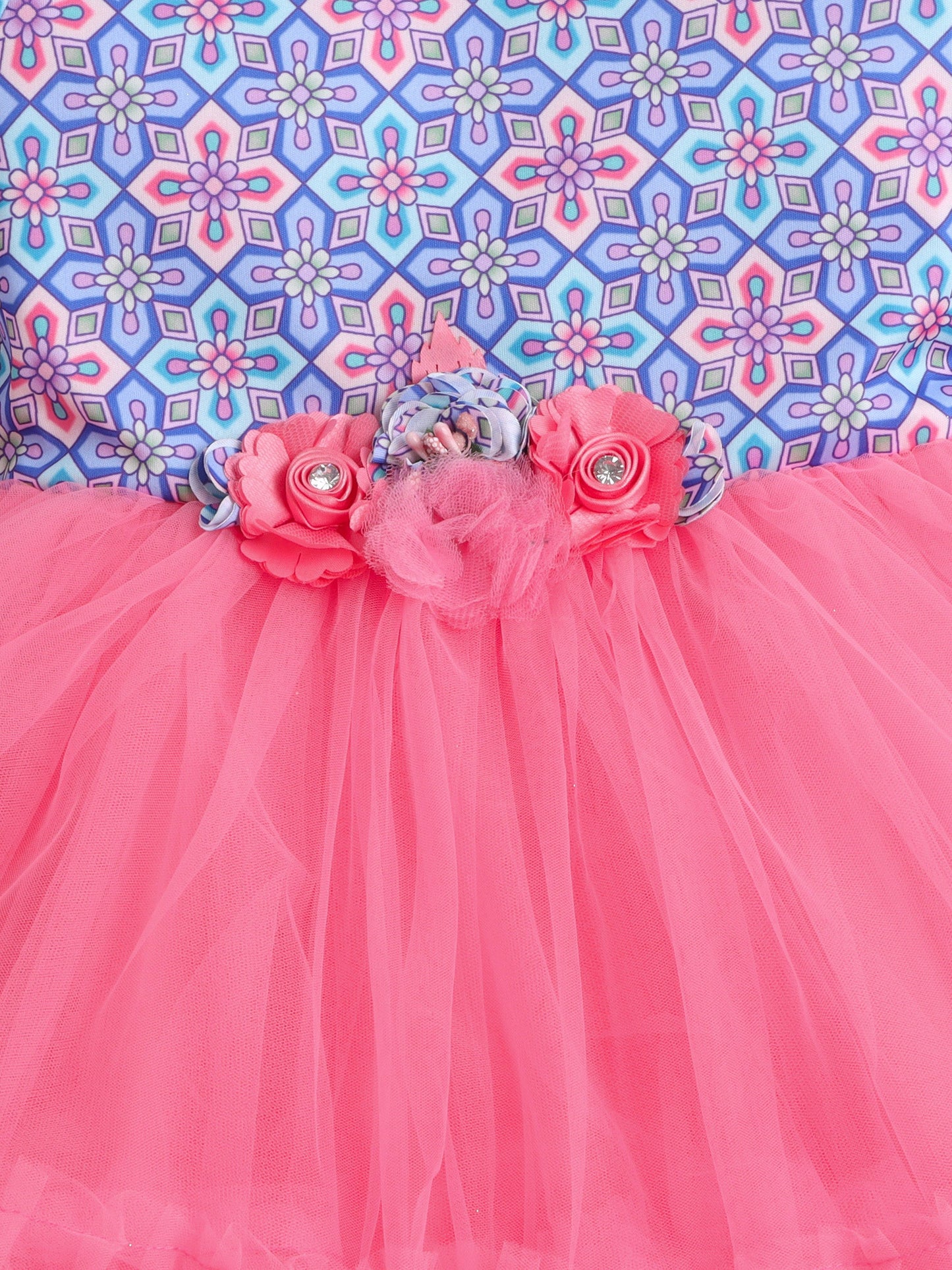 3/4th Sleeves Floral Printed Tiered Party Dress With Corsage For Girls-Peach