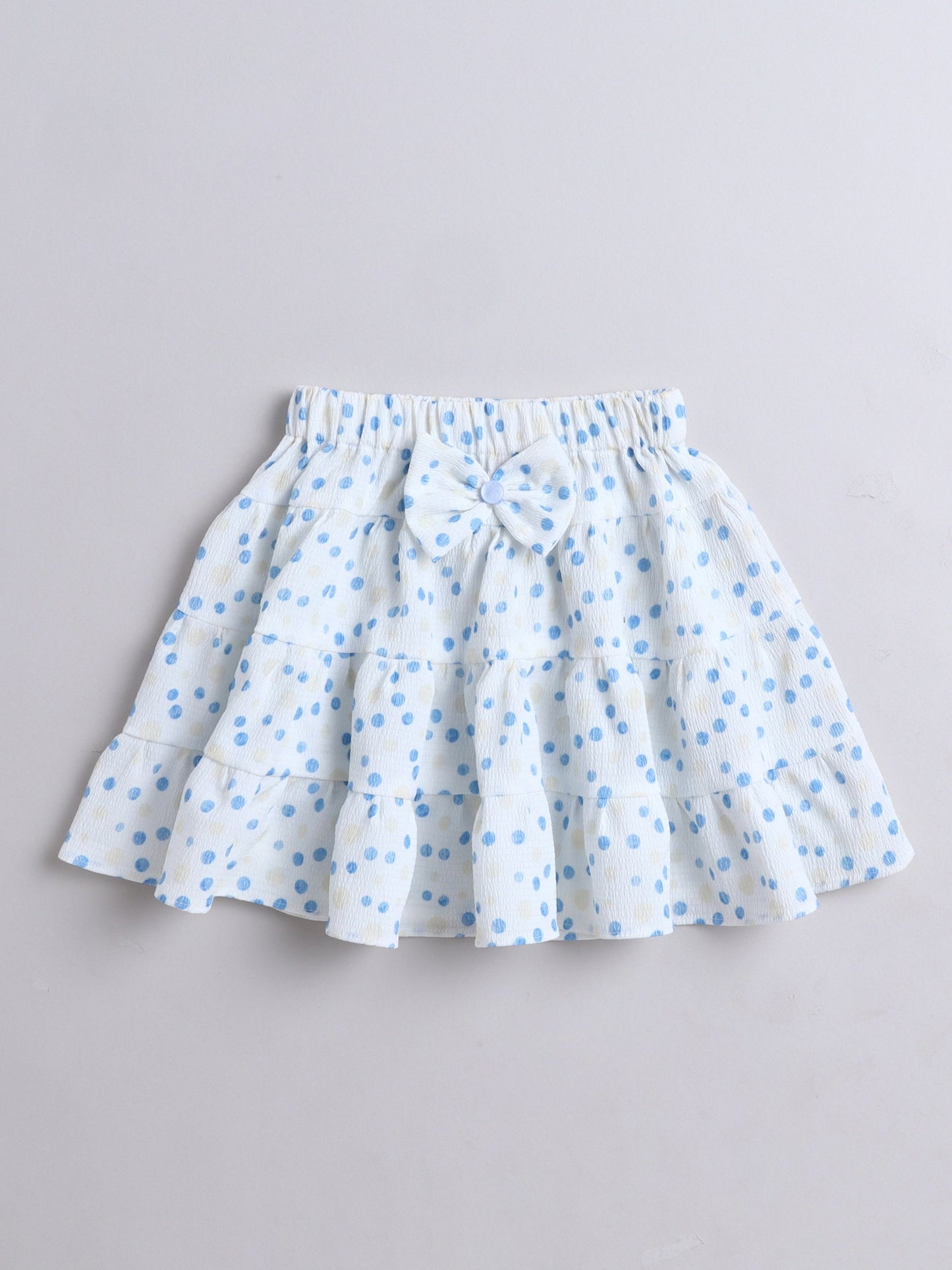 All Over Printed Puff Sleeves Bow Detail Top & Skirt Set - White