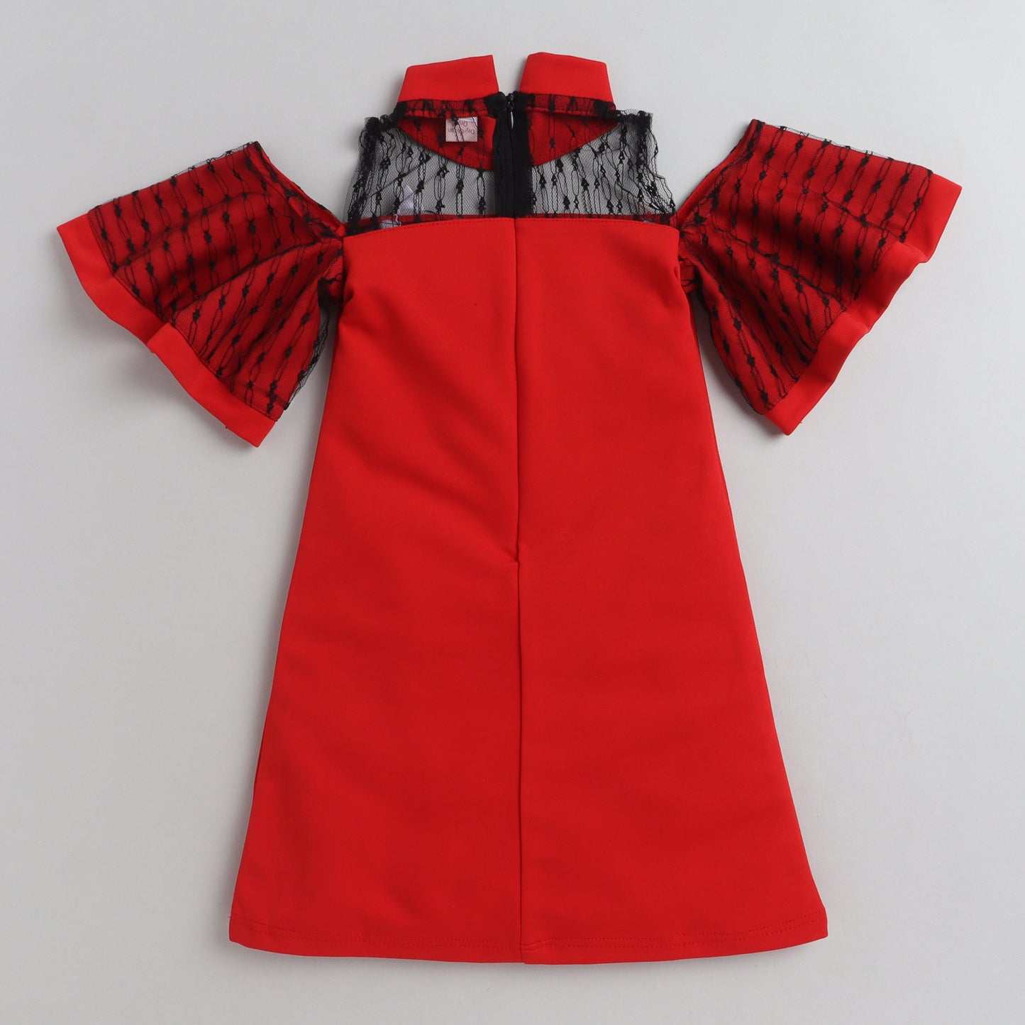 Cold Shoulder Sleeve Dress with Net around Neck-Red