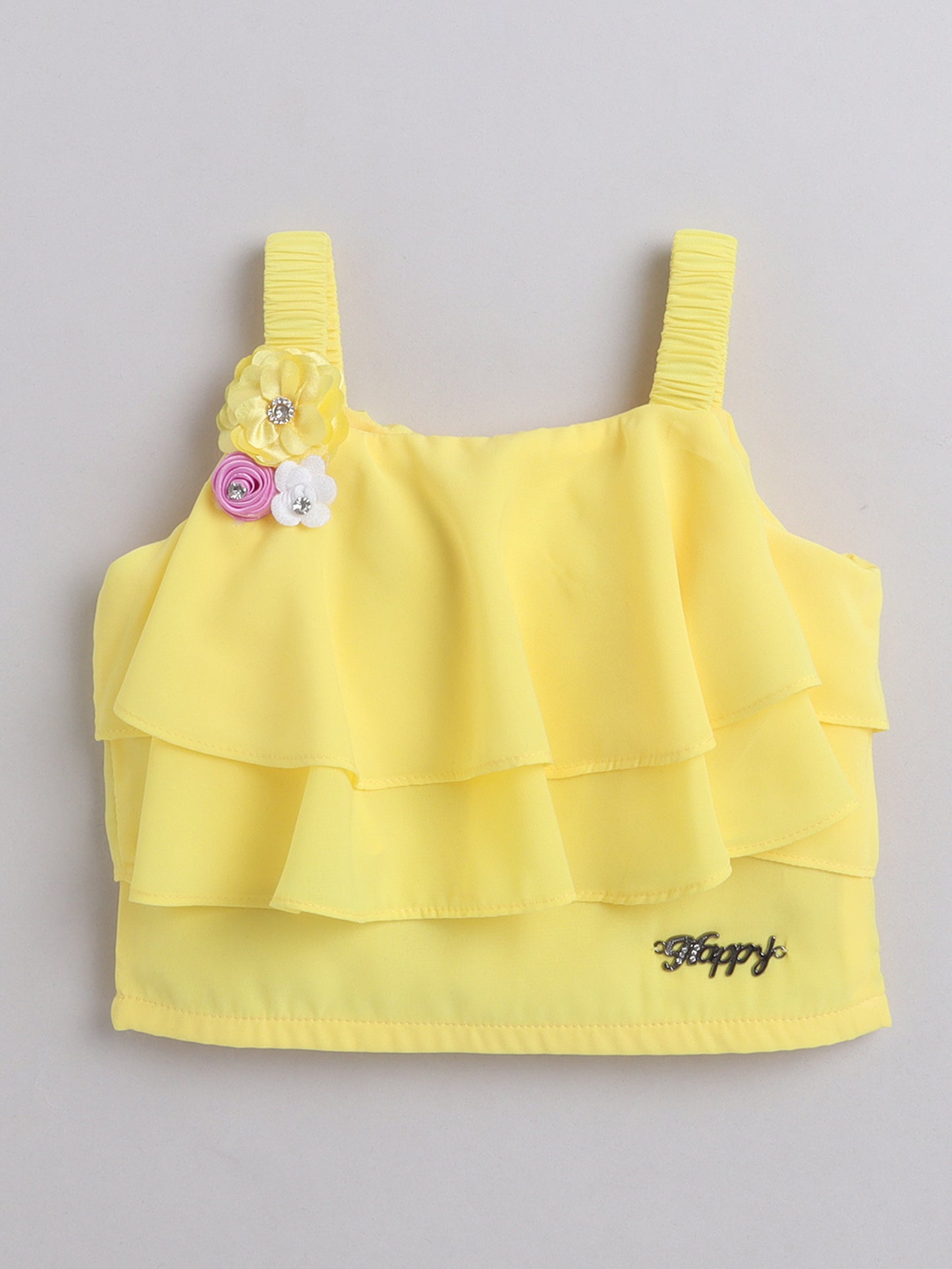 The Magic Wand Layered Strappy Ruffel Top With Chex Pleated Skirt Set Yellow