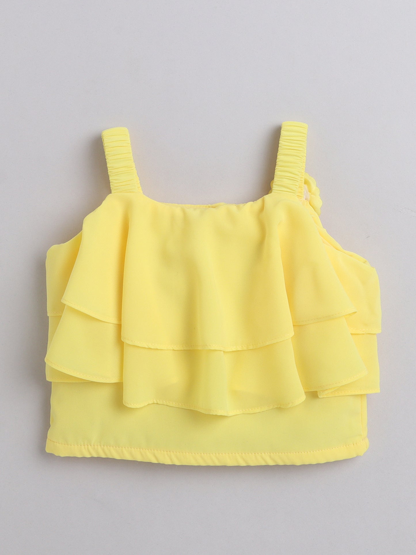 The Magic Wand Layered Strappy Ruffel Top With Chex Pleated Skirt Set Yellow
