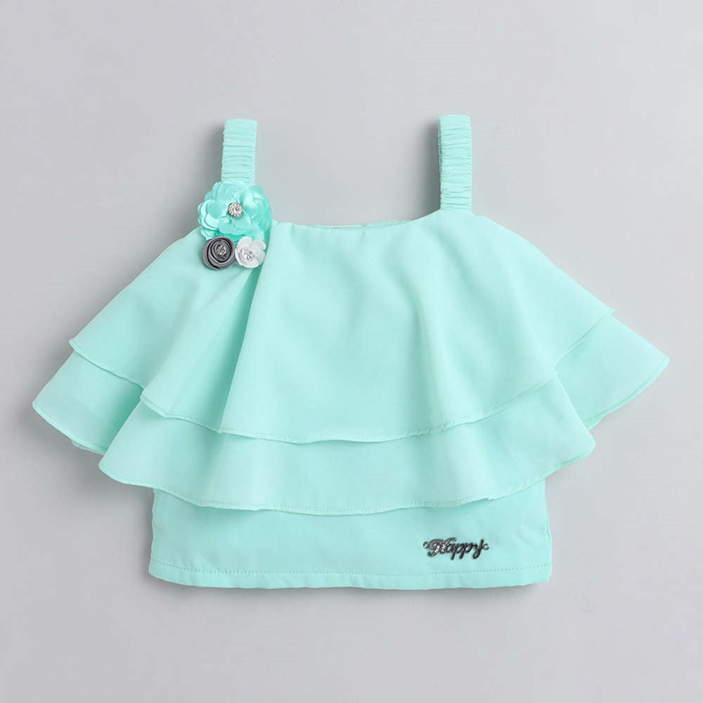 The Magic Wand Layered Strappy Ruffle Top With Chex Pleated Skirt Set Aqua